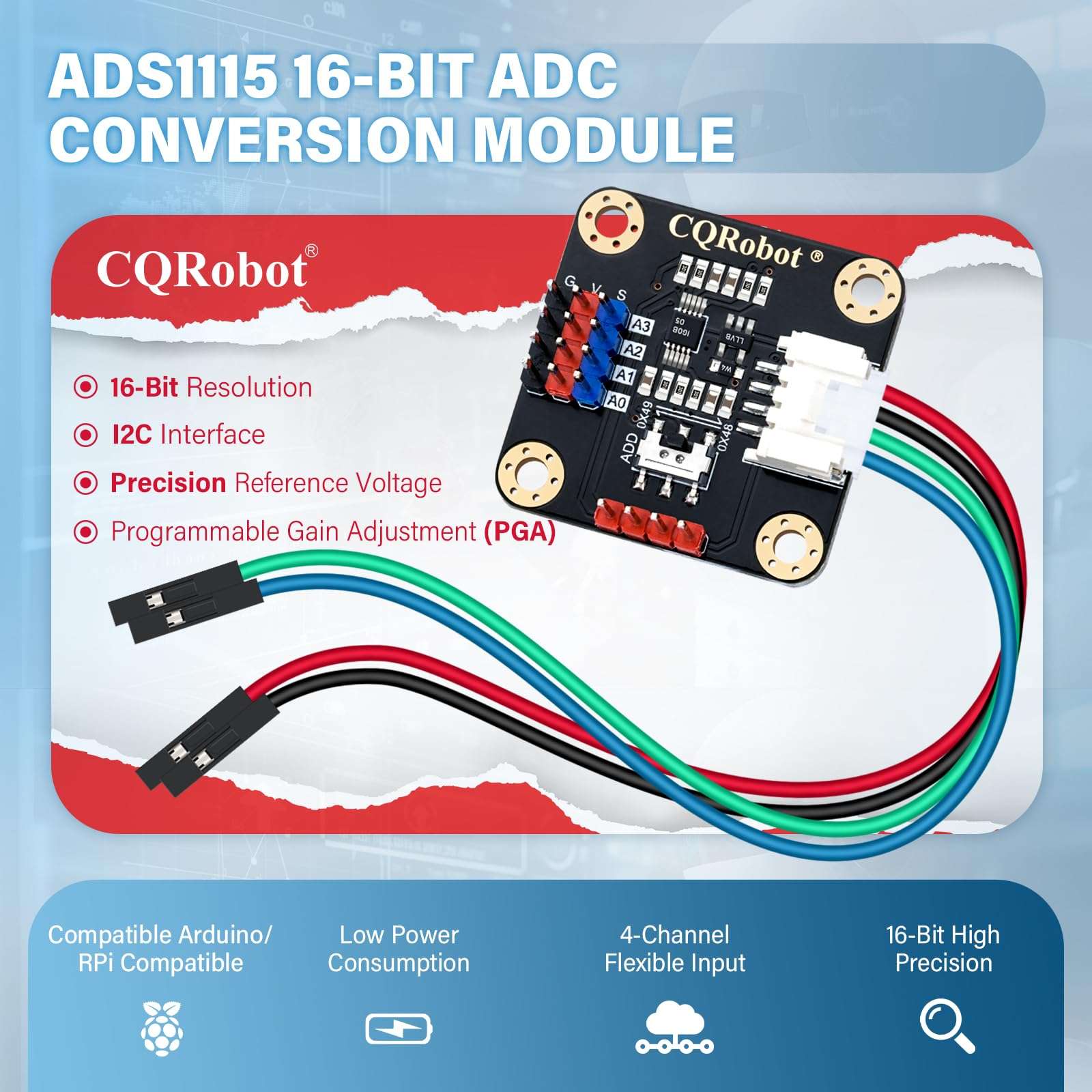 CQRobot ADS1115 16-Bit ADC Conversion Module Compatible with Raspberry Pi and Arduino Boards. Achieve Analog and Digital Signal Acquisition or Conversion, 3.3V to 5V, I2C Address Selection Switch. 2