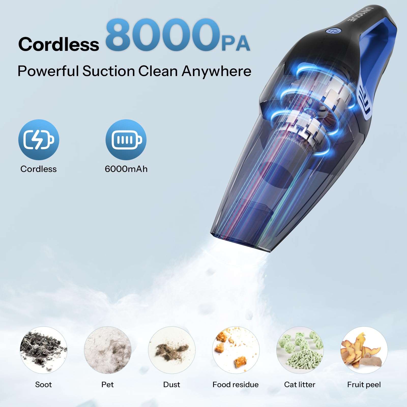 UN1QUE Cordless Car Vacuum Cleaner 2 in 1, 8000Pa Powerful Suction Portable Handheld Vacuum Cleaner for Home and Car with Steel Mesh Filter, 650ML Dustbin, 4 Nozzles, USB Rechargeable (Blue) 3