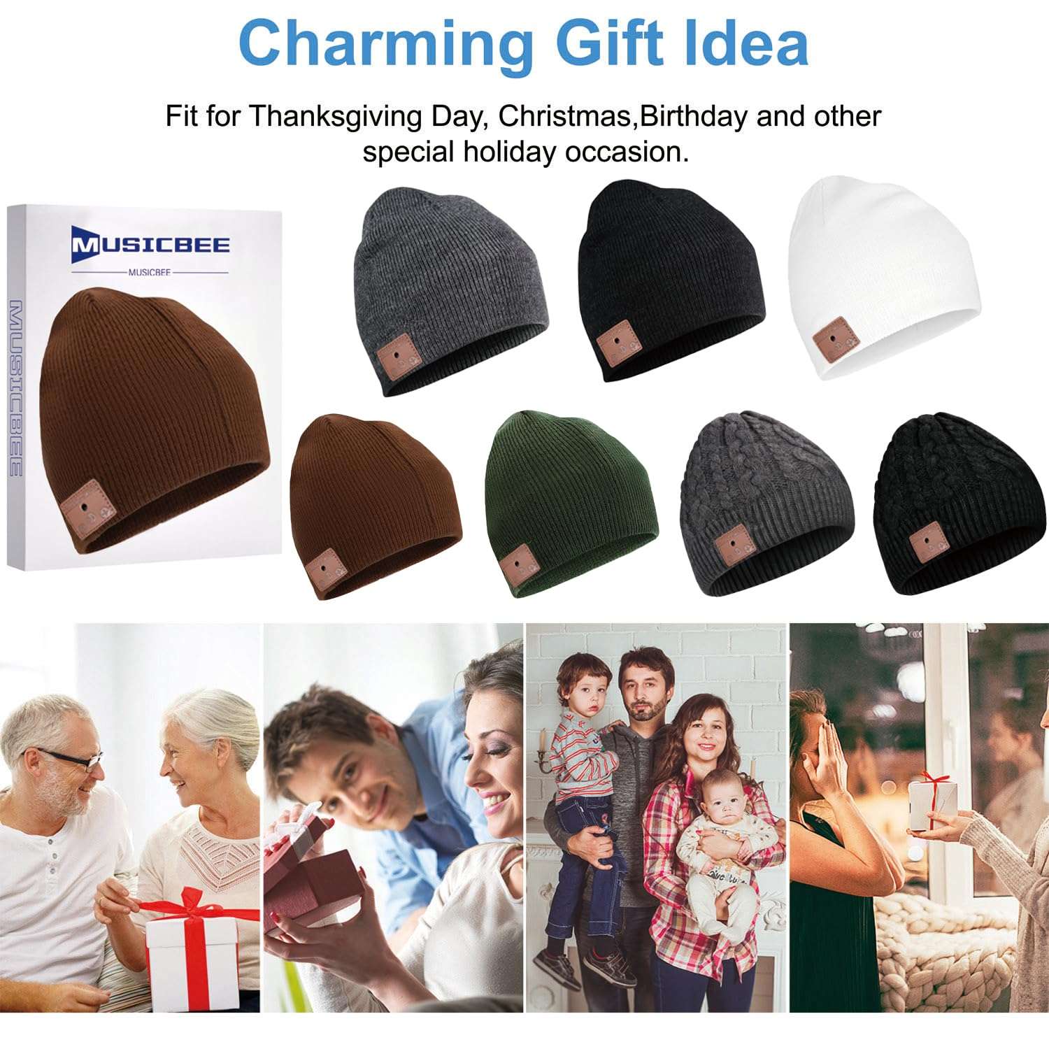 beanie Bluetooth, MUSICBEE Bluetooth V5.2 Wireless Knit Winter Cap, 24 Hour Play time, Built-in Microphone and HD Stereo Speakers(Black 4