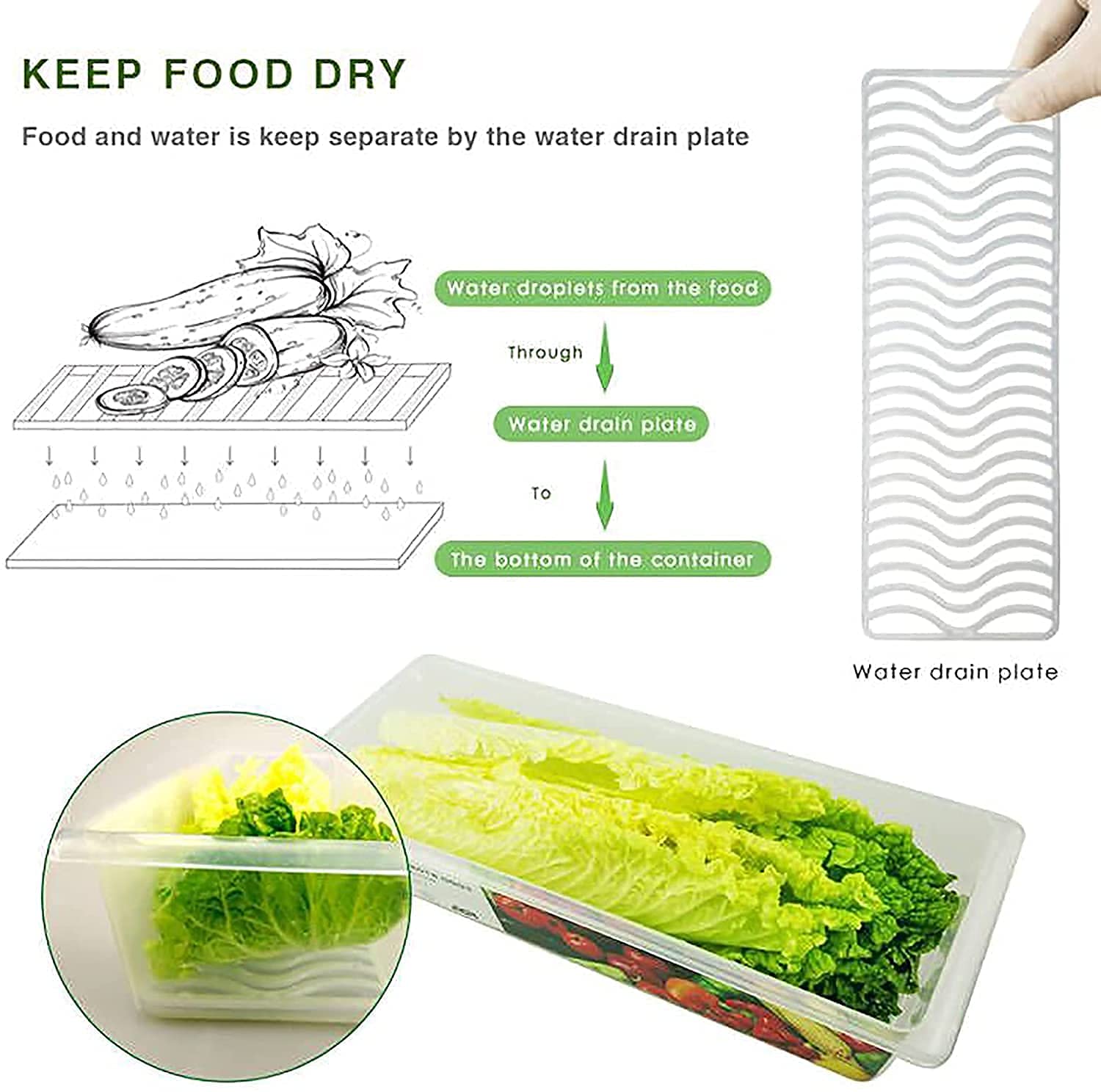 THOMPKINS Fridge Storage Boxes (Pack of 2), Fridge Organizer with Removable Drain Plate Tray Keeps Fruits, Vegetables, Meat, Fish Fresh Longer 1500 ML 3
