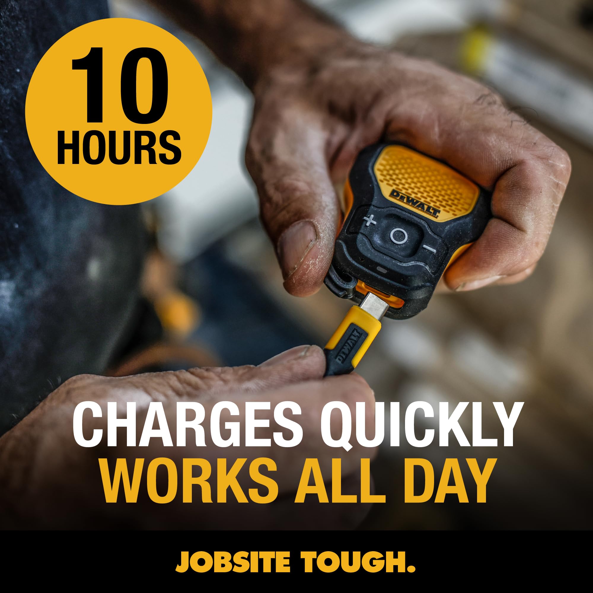 DEWALT Wearable Bluetooth Speaker (Updated Version), Clip-On Wireless Jobsite Pro Water-Resistant Portable Speaker (Non-Magnetic), Built-in Mic for Hands-Free Music/Calls, Bluetooth Speaker (Yellow) 4