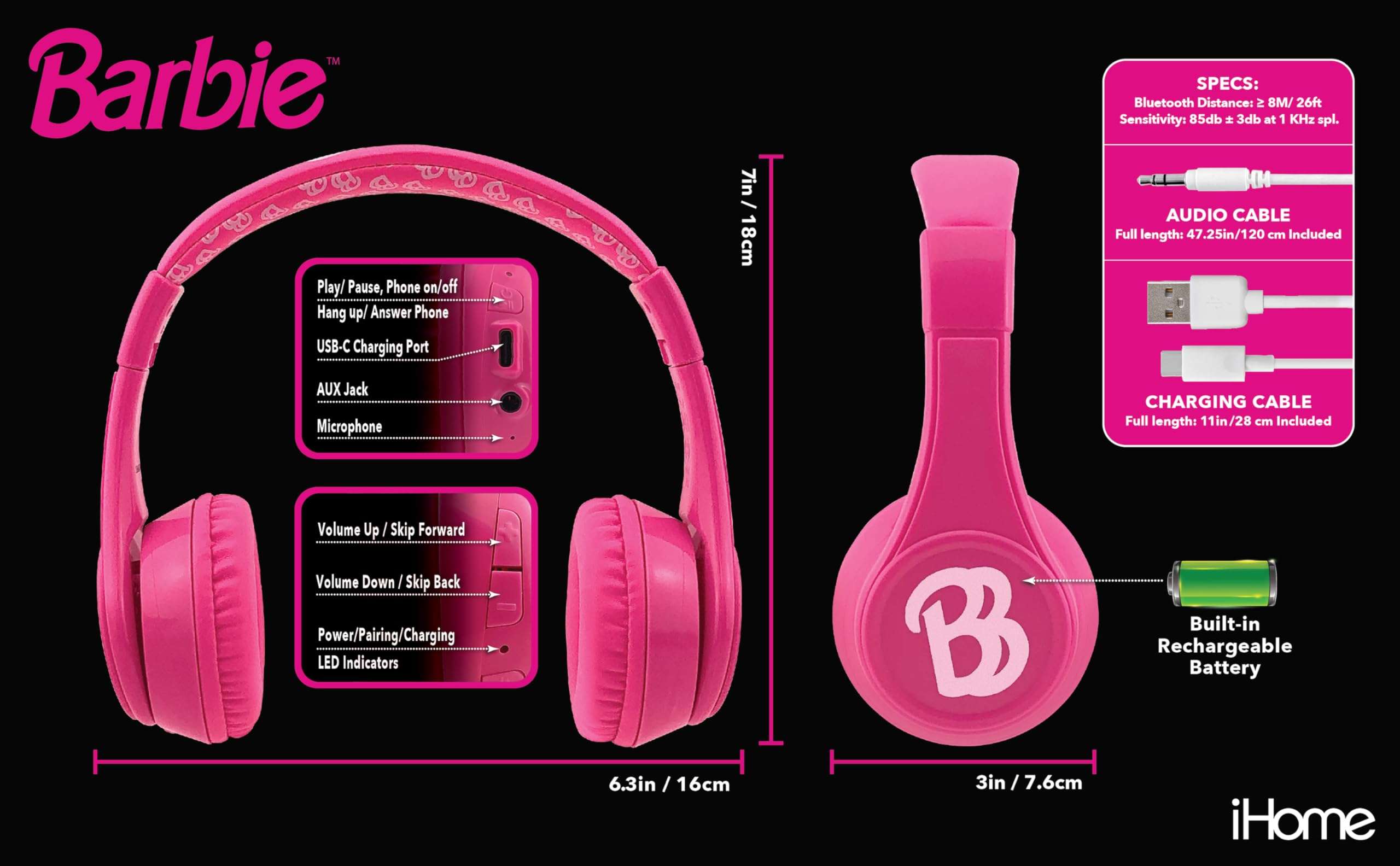 eKids Barbie Bluetooth Headphones, Pink Wireless Headphones with Microphone Includes Aux Cord, Volume Reduced Kids Foldable Earphones for School, Home, or Travel 3