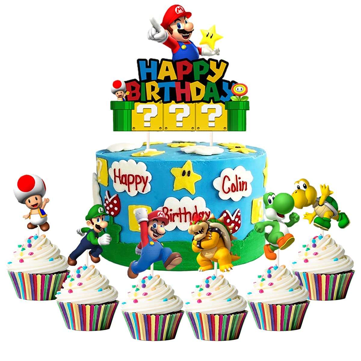 7pcs Acrylic Super Mario Happy Birthday Cake Topper, Mario Bros Smash Cake Topper, Super Mario Party Supplies for Children 5