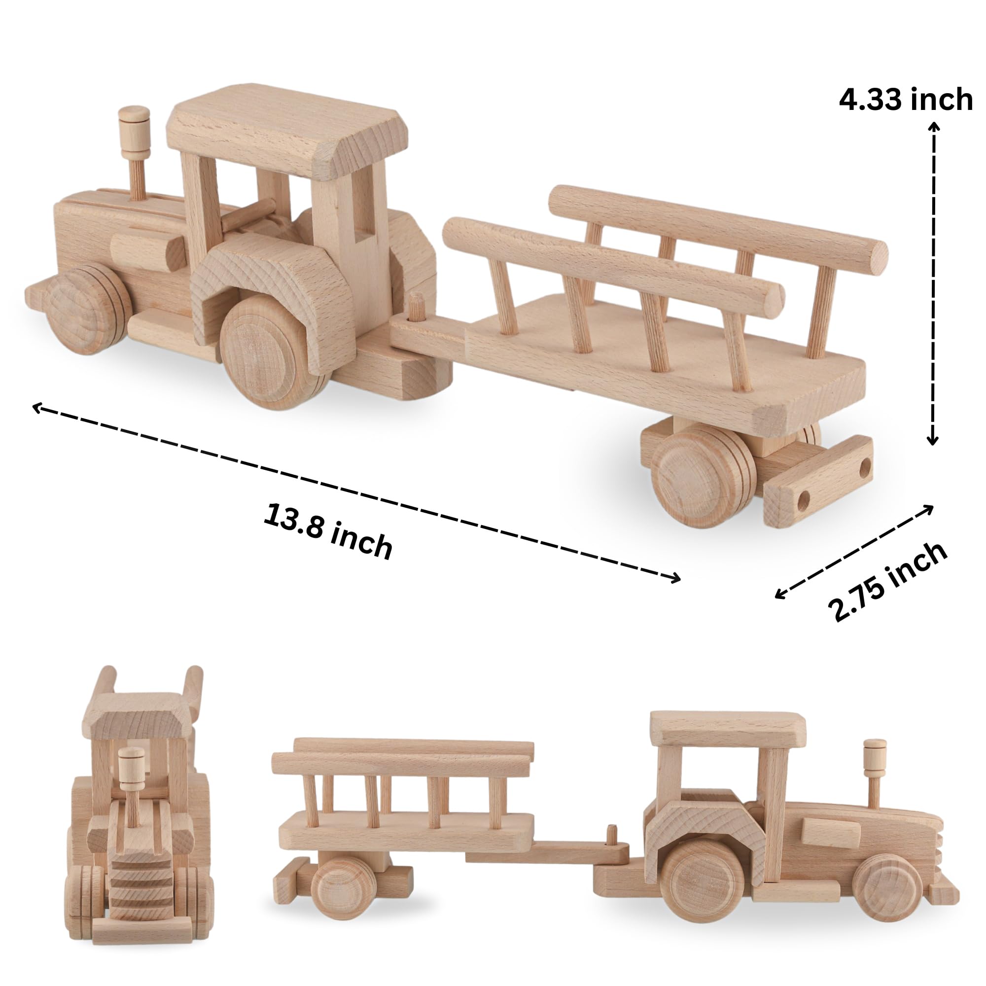 VESPLO Wooden Tractor with Trailer, Farm Toys for Toddlers, Unfinished Wood Toy for Paint, Preschool Educational Games, Handmade in EU, Realistic Shape 3