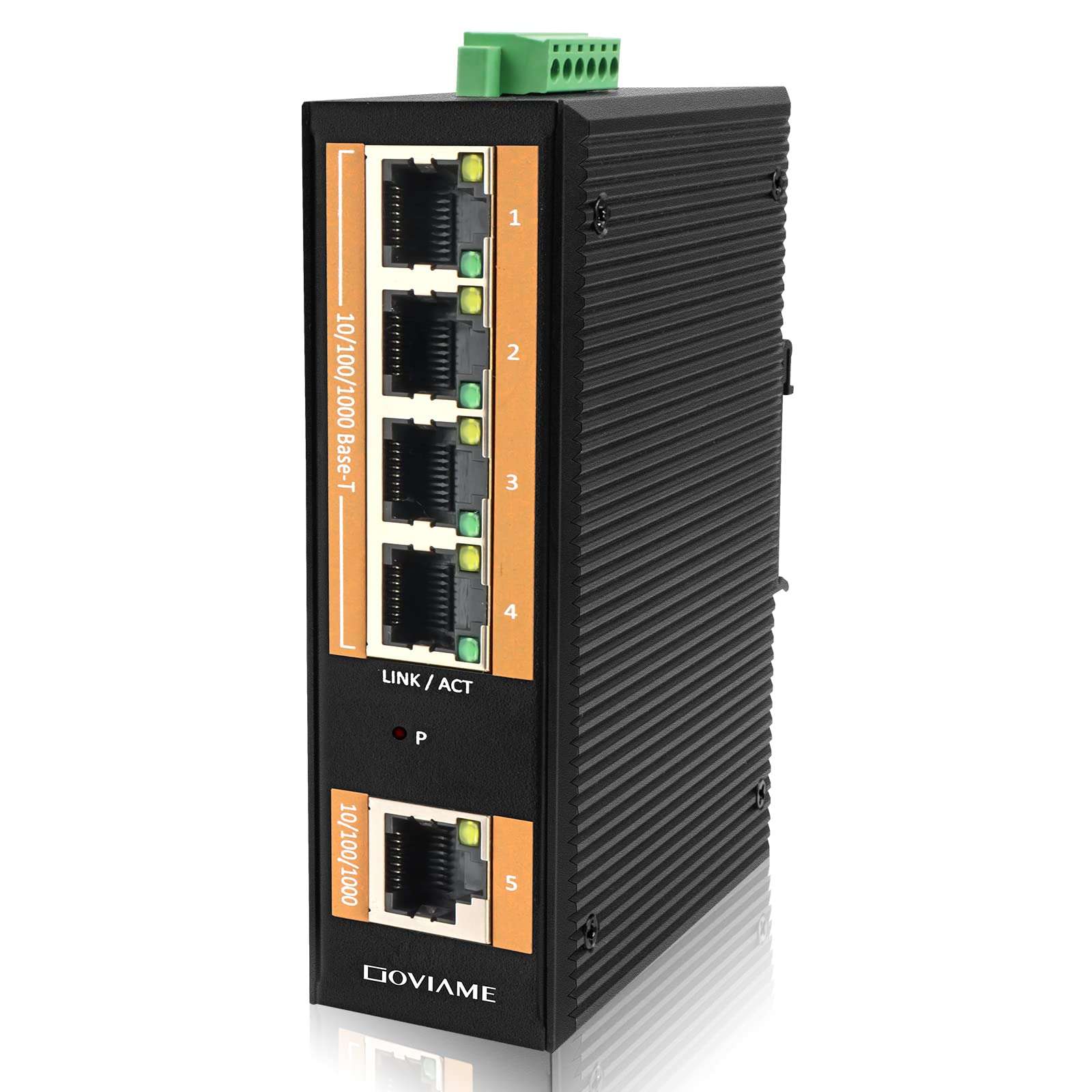 GOVIAME 5 Port Gigabit Unmanaged Industrial Ethernet Network Switch,5 x 10/100/1000 Mbps Gigabit Ethernet Ports,Plug-and-Play,16 Gbps Switching Capacity,DIN-Rail,IP40 Rated (Fanless,-40°C~185°F) 1