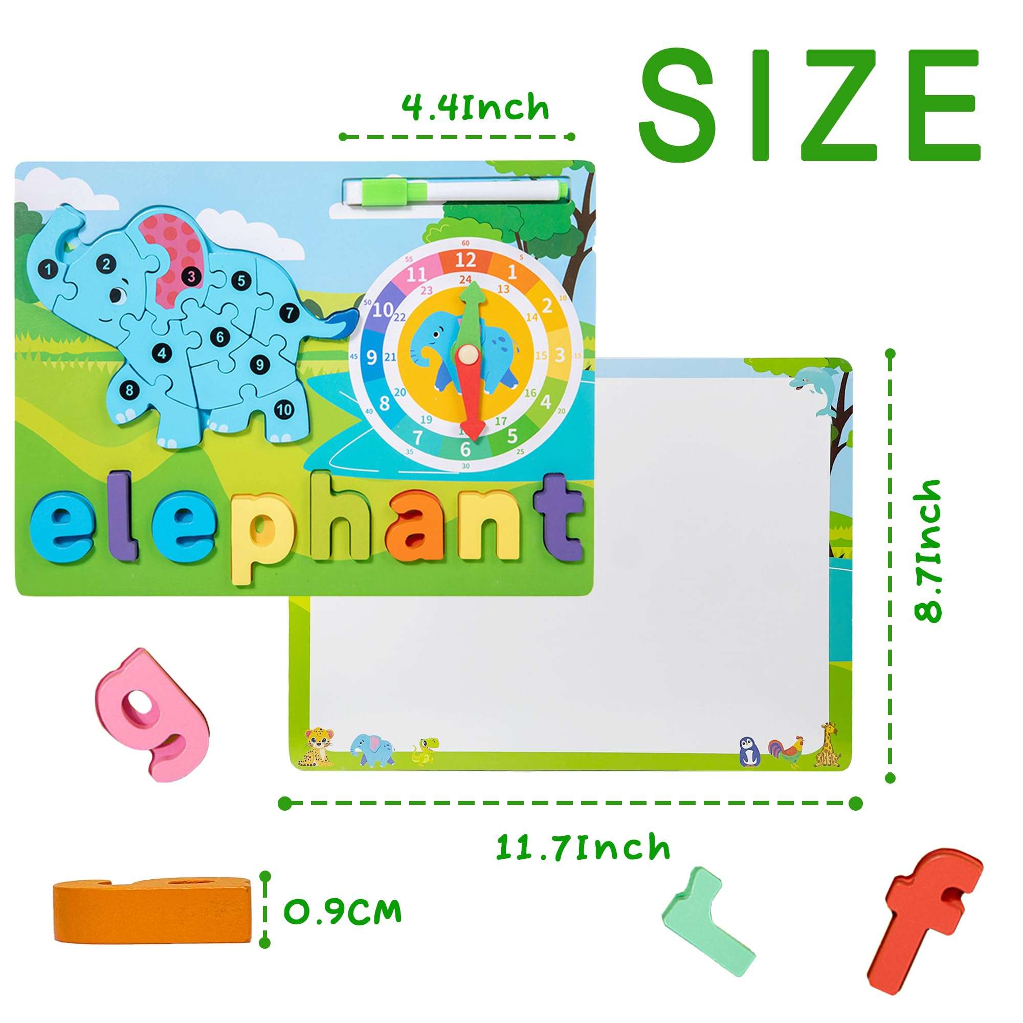 EINZUFUF Toddler Puzzles, Puzzles for Toddlers 3-5 Montessori Toys 10Pcs, Learning Clock & Drawing Board & Wooden Alphabet Letters, Educational Toy Gift for Toddlers 3-5 Year Old (Elephant 10Pcs) 3
