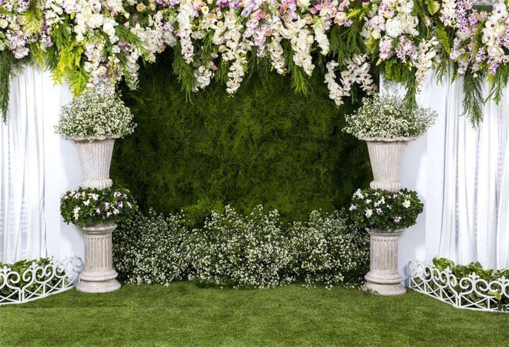 JASREE Vinyl 10x8ft Arch Wedding Flowers Backdrop Photography Background Stone Planter Flowers White Curtain Green Ivy Wall Decoration Outdoos Ceremony Green Grassfield Backdrop 5