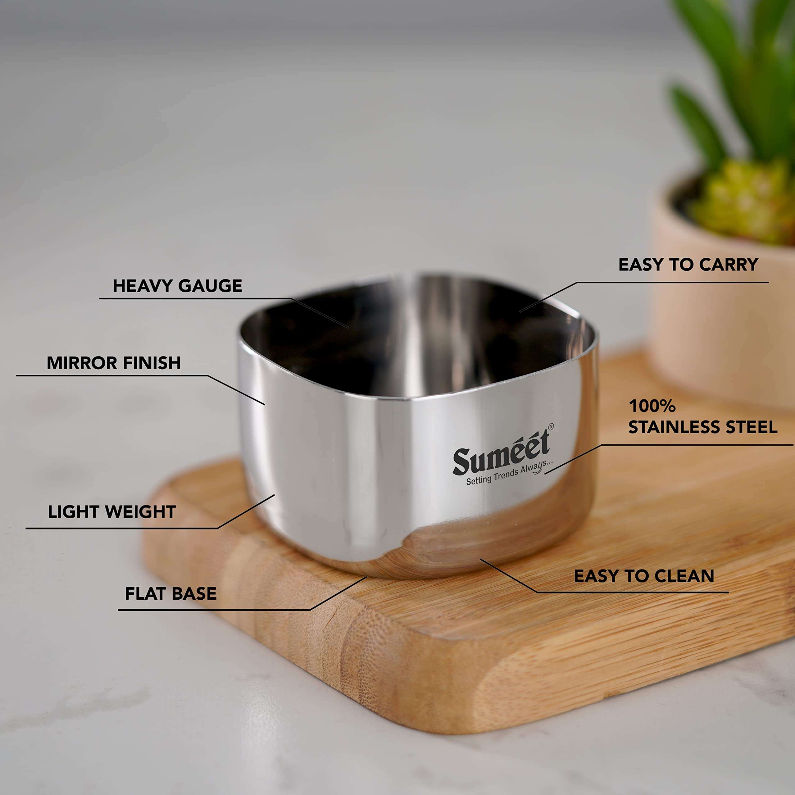 Sumeet Heavy Gauge Stainless Steel Square Bowl/Wati/Katori with Mirror Finish – 7cm Dia, set of 6pc, 200ML Each - Silver 3