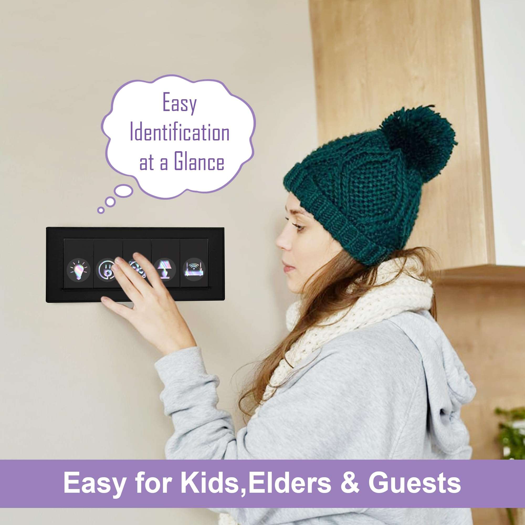 GLUN® 600 Switch Board Stickers with 60+ Icons, Prism Glow Effect Embossed Decorative Stickers for Home, Hotel, Office & School, Luxury Vinyl Self Adhesive Switch Covers for Fans & Appliances 3