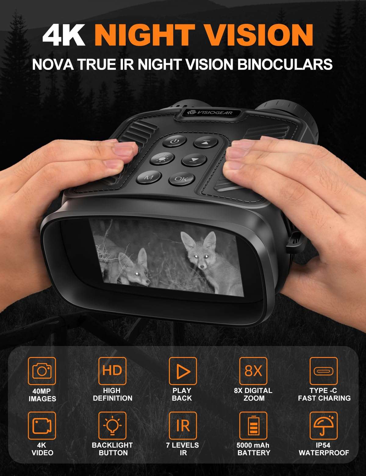 VISIOGEAR Night Vision Goggles - NOVA 4K Night Vision Binoculars for Adults, 3“ HD Screen Binoculars with 7 Levels Infrared 32GB Card Included Perfect for Camping & Security, Black 3