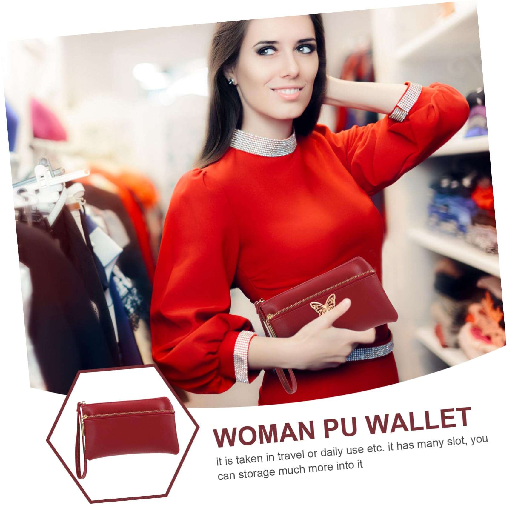 FOMIYES Woman Long Wallet with Zipper Closure Practical Storage Handbag for Ladies Red Color Multiple Card Slots Stylish Design for Everyday Use 4