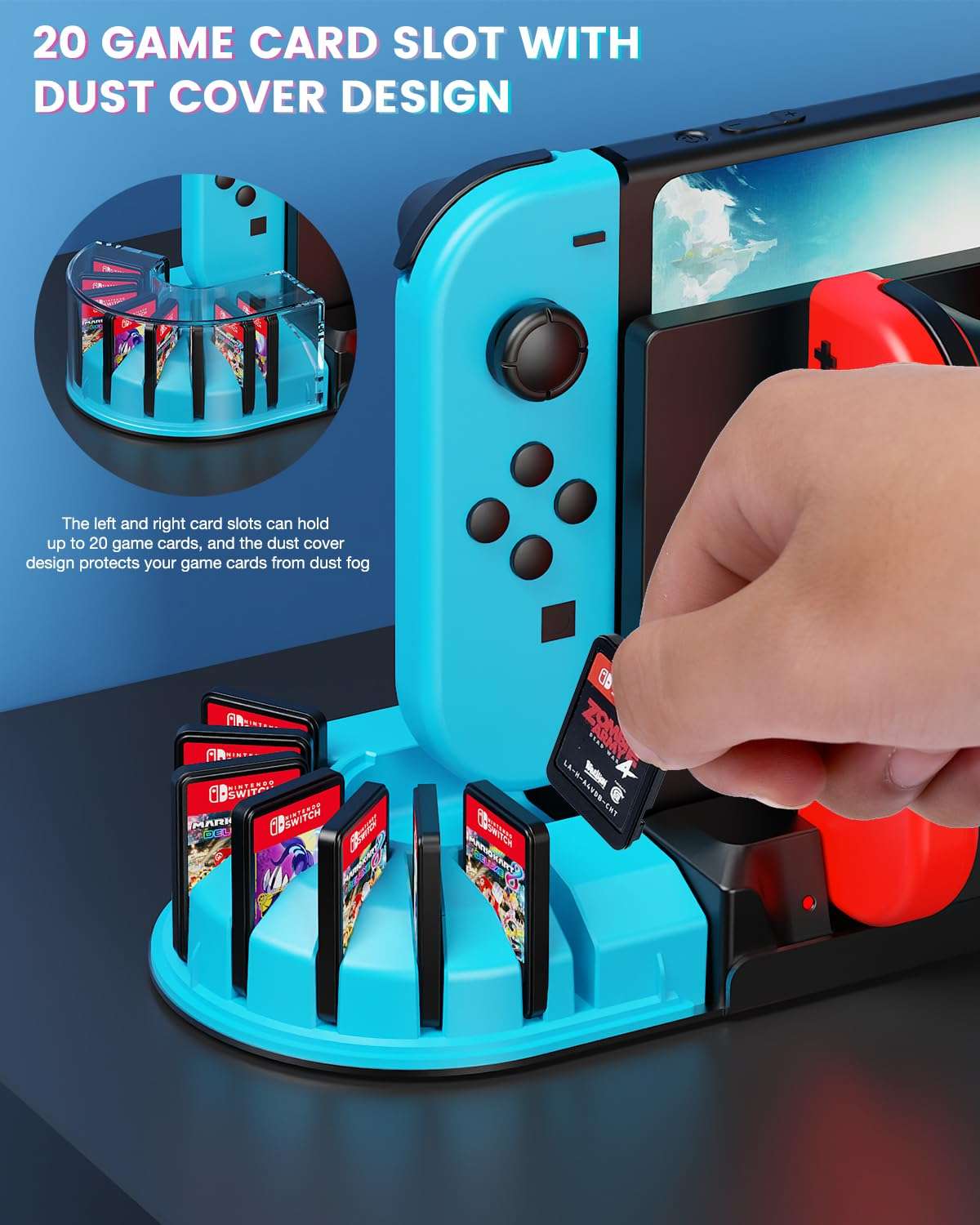 KUNSLUCK Switch Wall Mount with Joy-Con Charger, Wall Mount Switch Charging Dock Station with 20 Game Card Storage and 6 Charger for Joy-Con (Black) 4