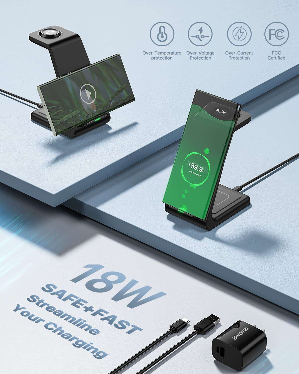 Intoval Wireless Charger,Wireless Charging Station for Samsung Galaxy Phone/Watch/Buds,fit for Galaxy S25/S24/S23/S22,Note20/10/Z Fold/FLI,Watch 8/7/6/5/4/Active 2/1, Buds3/2/Pro/Live(S3,Black) 4