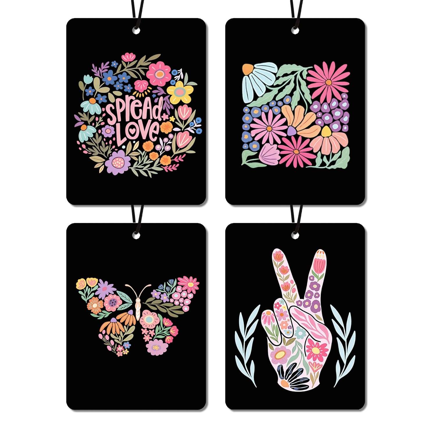 Nihilform Boho Floral Cologne Car Air Fresheners Natural Non Toxic Air Freshener 4-Pack 'Spread Love' Flower & Butterfly Designs, Ideal Decor & Gift for Hippie - Chic Lovers, for Car, Closet & Home 1