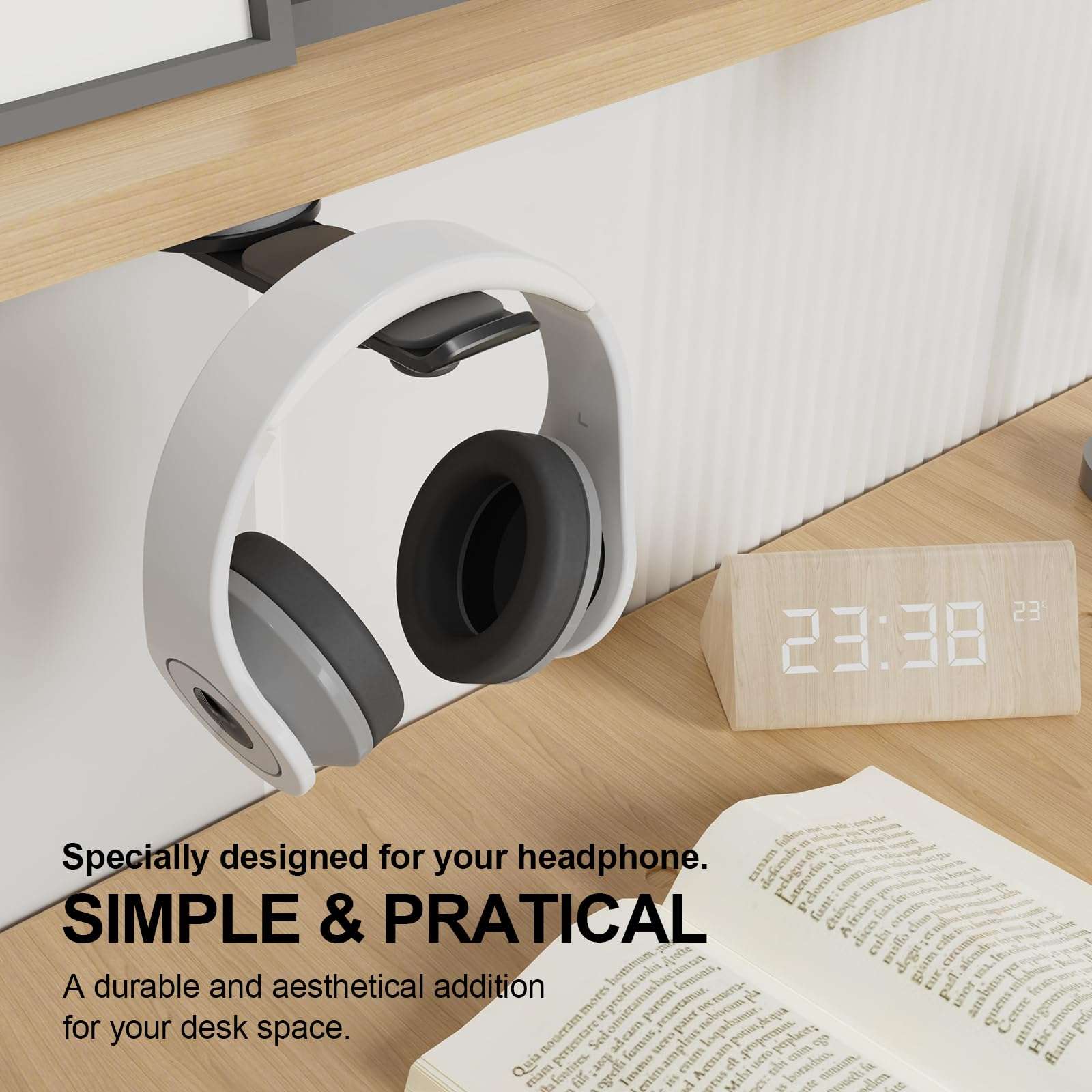 MAGDIGITEH Headphone Stand - 360 Degree Rotating Adhesive Under Desk Headset Holder with 2 Cord Holder Clips (Black) 4