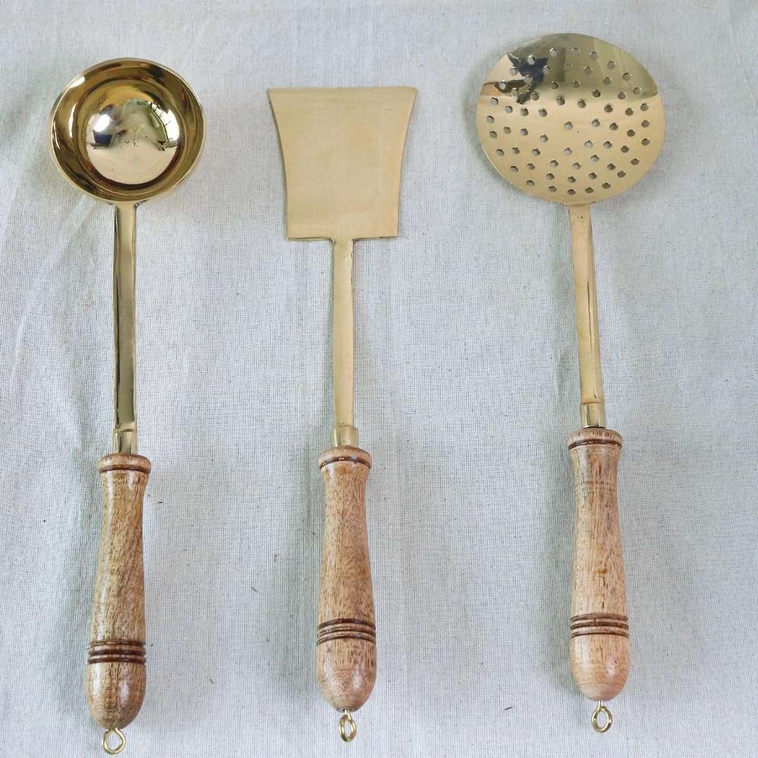 Kitchen 101 Brass Karchi Set | 14 Inch | Pack of 3 | Serving | Ladle | Skimmer | Rice Spoon | Turner (Palta) | Cookware | for Cooking | Serving Spoon with Wooden Handle | Scoop | Pital Ki Karchi | 1