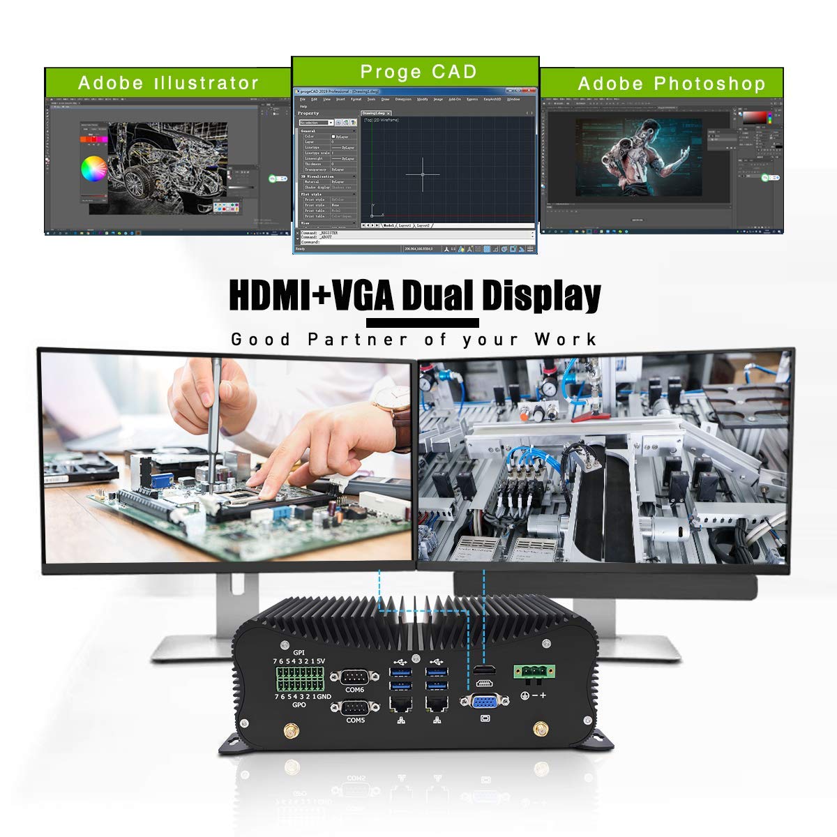 Mini PC Desktop PC Core i5 8250U 16GB RAM, 128GB SSD, Micro PC, Dual LAN, BT4.0, Industrial Mini PC with HDMI/VGA Port, RS232 COM, USB3.0, Mini Computer Windows 10 Pro GPIO Industrial PC 4