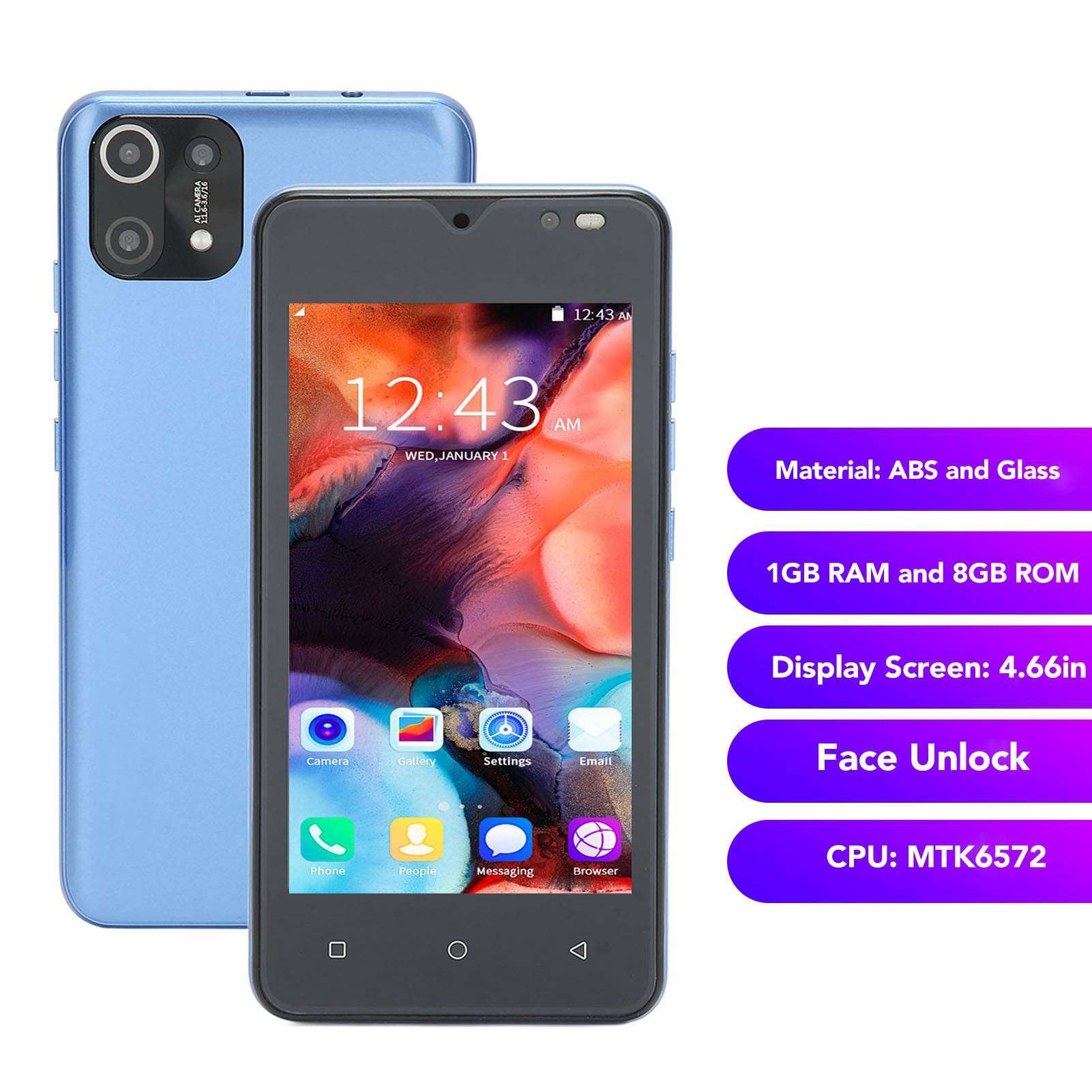 Yoidesu MI11 Smartphone, 4.66in FHD Screen 3G Network Cell Phone, 1GB RAM 8GB ROM, Dual SIM, Face Unlocked, 2MP Front and 5MP Rear Camera, 2500mAh Battery Mobile Phone(Blue) 3