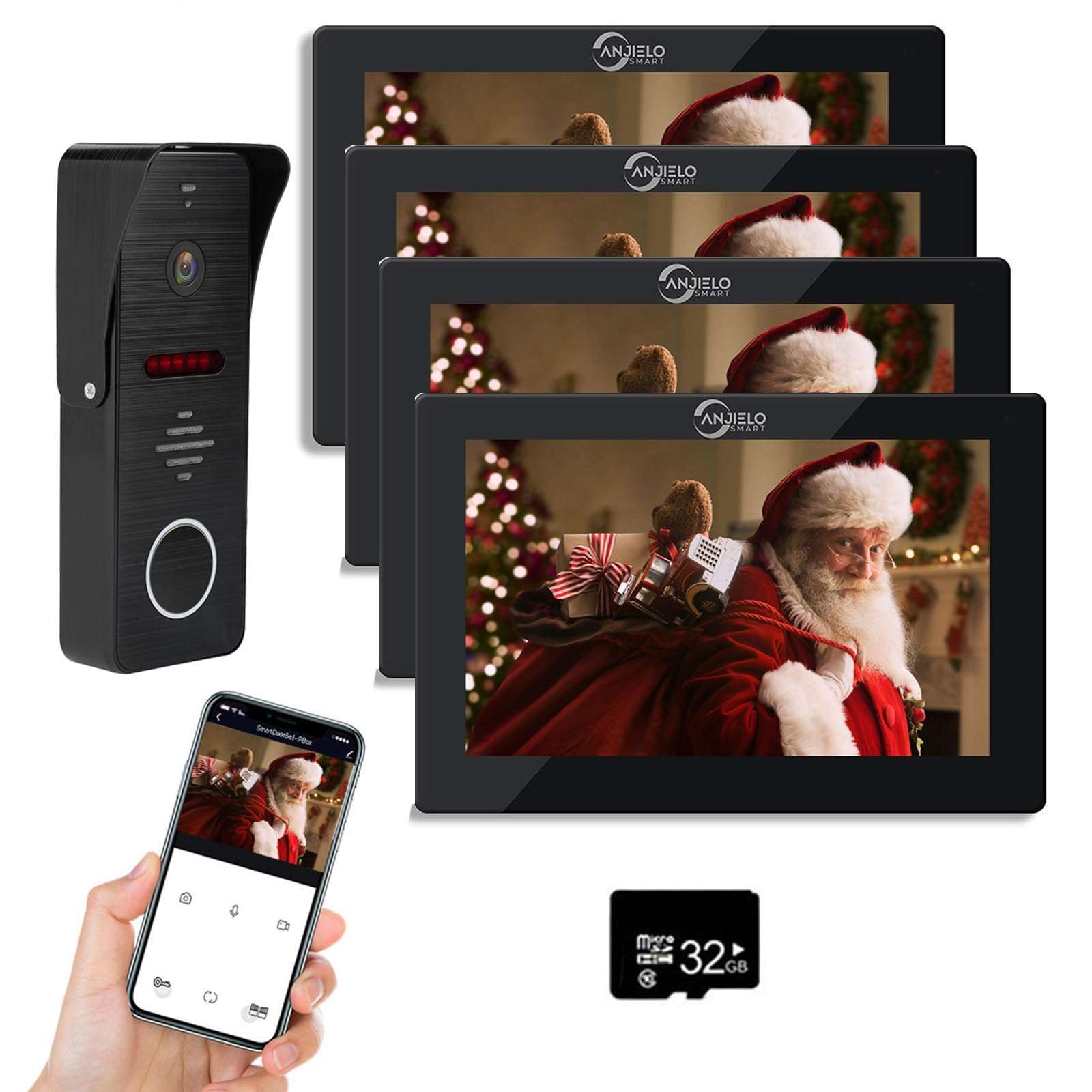 Wired Video Doorbell Apartment Intercom System with 1080P HD Camera,7 Inch Touch Monitor,TUYA WiFi Smart Home Video Intercom Door Phone Kits for Home Villa,32G (1 doorbell+4 Monitor) 1