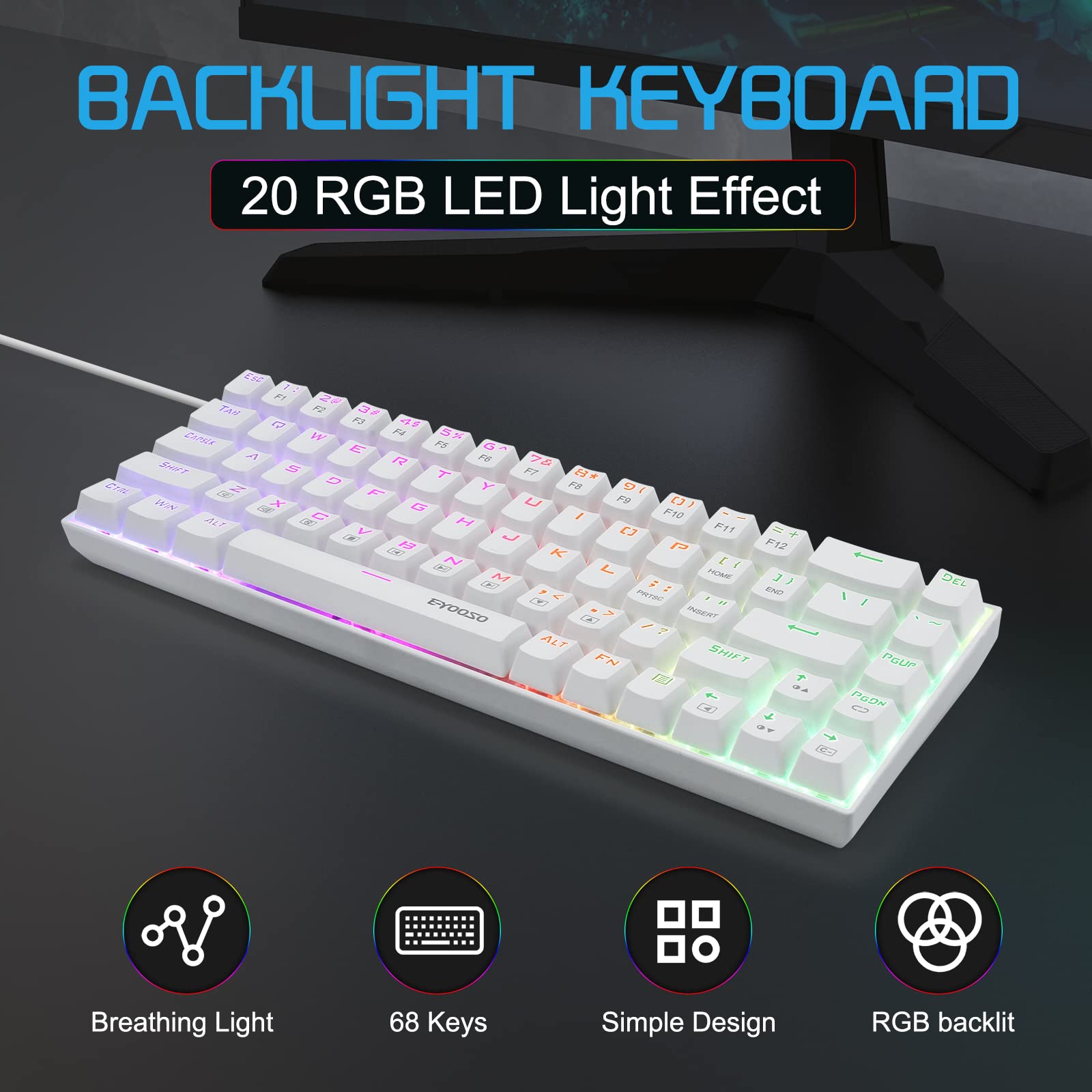 HUO JI Portable 65% Mechanical Gaming Keyboard, E-YOOSO Z-686 Customizable Per-Key RGB Backlit, Compact 68 Keys Mini Wired Office Keyboard with Blue Switch for Windows Laptop PC Mac - White 4