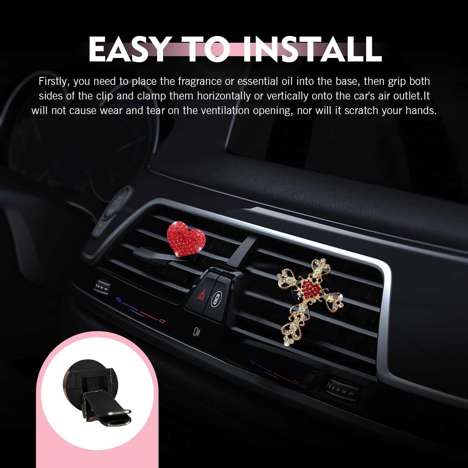 Qurbuns 2 PCS Bling Rhinestone Car Air Vent Clip, Crystal Cross & Heart Car Air Conditioning Outlet Decoration, Universal for Most Cars (Red) 6