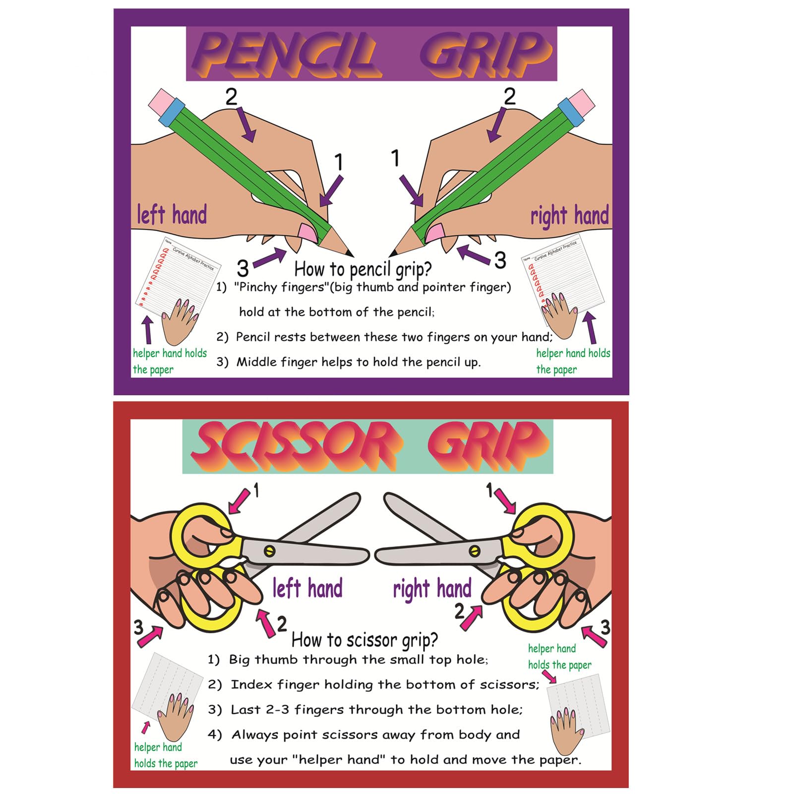 SANTSUN Pencil and Scissor Grip Educational Preschool Poster, How to Pencil Grip? and How to Scissor Grip? Poster with Illustrations, for Toddler and Kid, School Wall Decor, 30x40cm, English Version