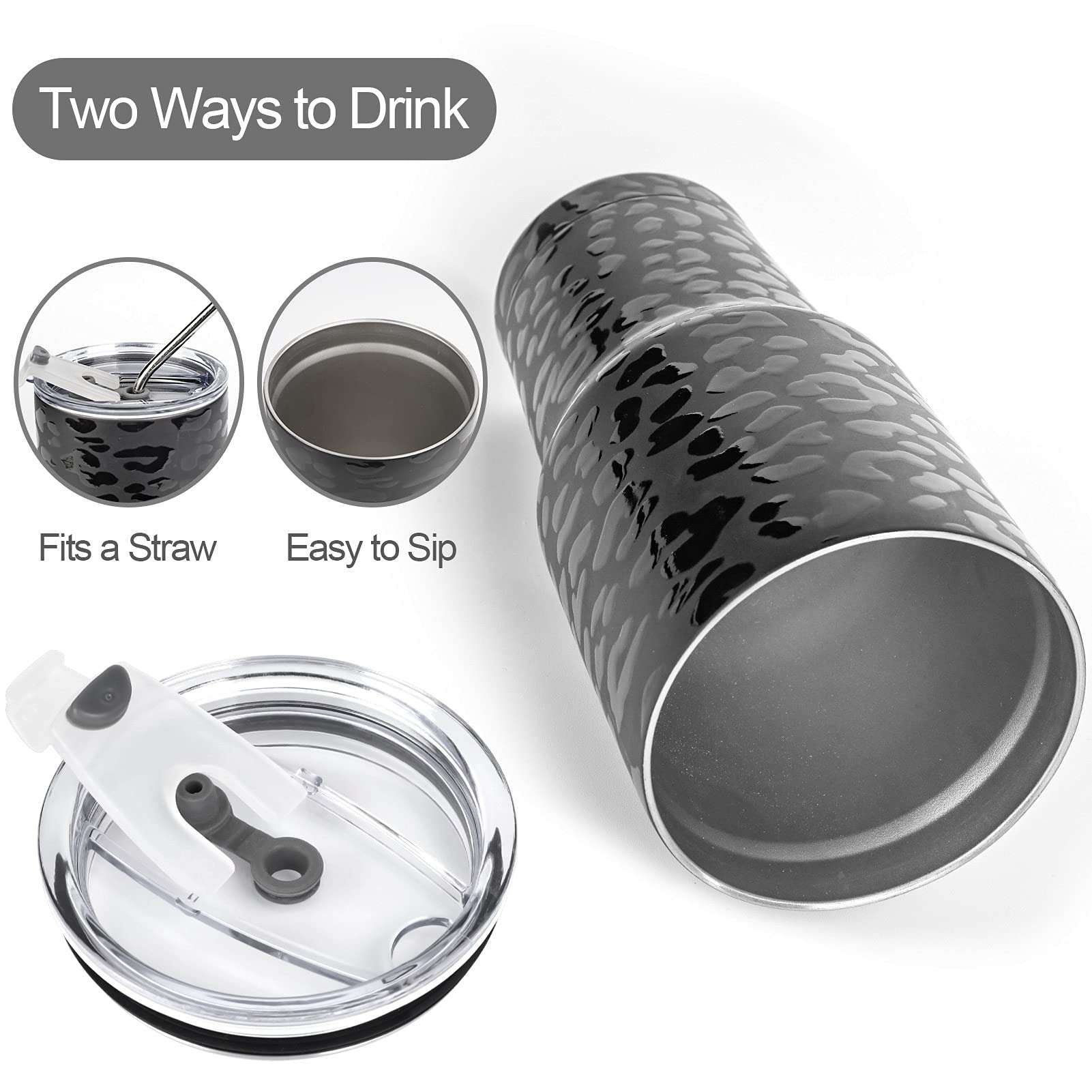 D·S 30oz Black Leopard Tumbler Stainless Steel Insulated Travel Mug with Straw Lid Cleaning Brush 3