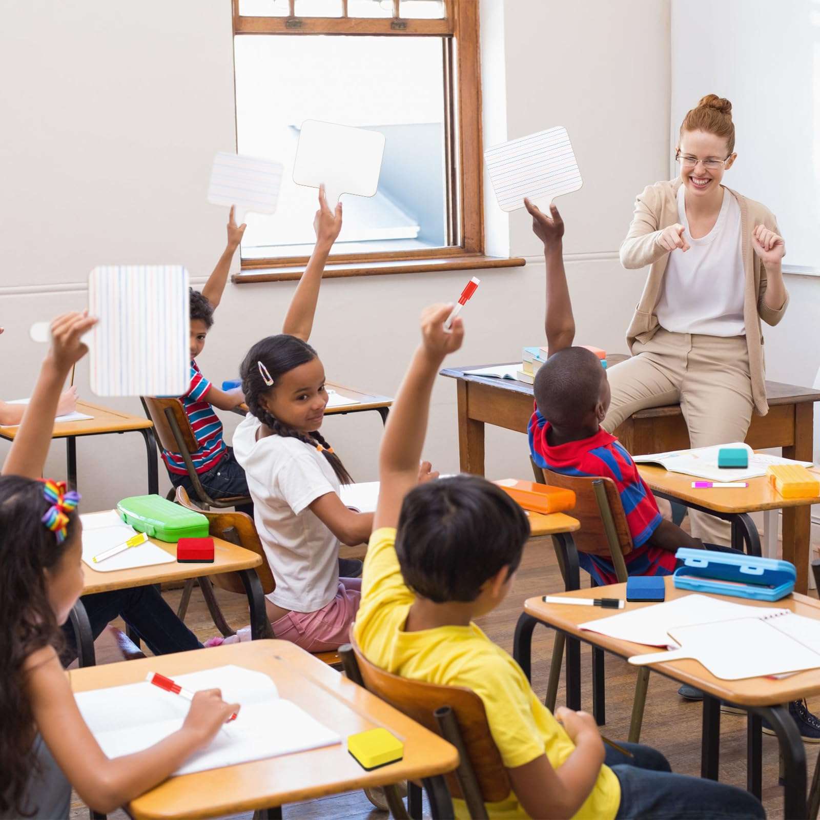 Harloon 72 Pieces Dry Erase Answer Paddle Set 7.8‘’ x 9.8” Handheld 24 Wooden Answer Board Dry Erase Paddles with 24 Markers 24 Magnetic Erasers for Students Teaching Supplies (Line Spectrum) 6