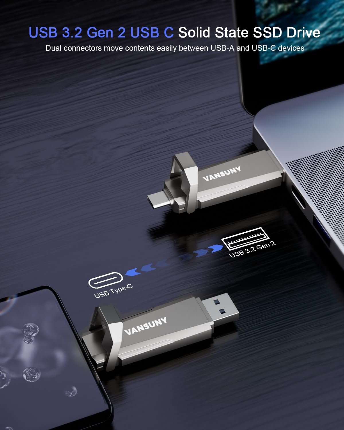 Vansuny 1TB USB Solid State Drive Up to 1000MB/s USB 3.2 Gen 2 Dual SSD USB A + USB C Portable External SSD for Android Phone Tablet Laptop MacBook PC 3