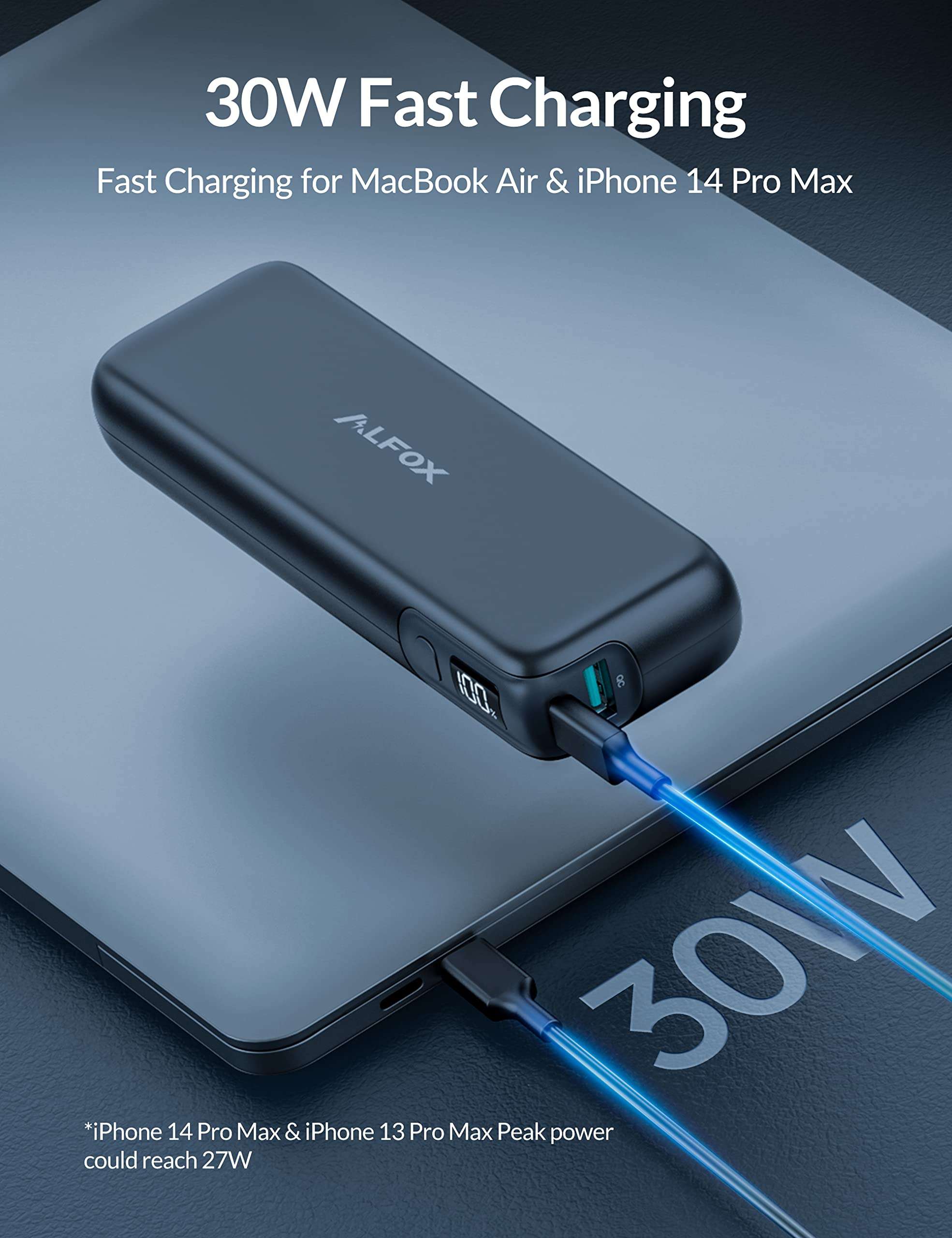 Alfox 30W Portable Charger Power Bank USB-C with PD Output,15000mAh Slim Fast Charging External Battery Pack Phone Charger for iPhone14/13 Pro Max, Samsung Galaxy S23,Steam Deck, iPad and More 2