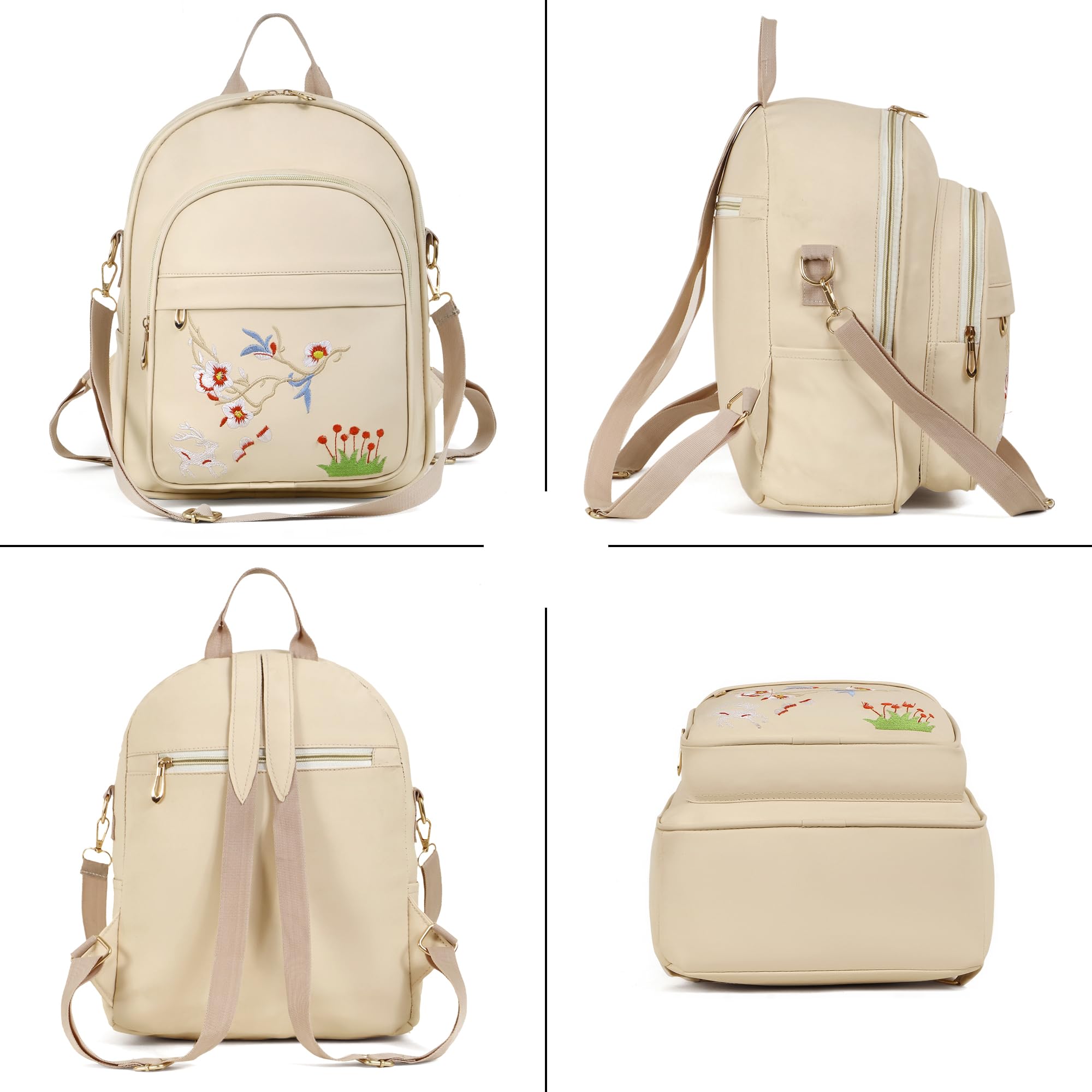 SKUGG 2024 New Flower Embroidered Artistic National Style Oxford Small Capacity Women's Bag Generation Backpack (Hiran_Cream) 4