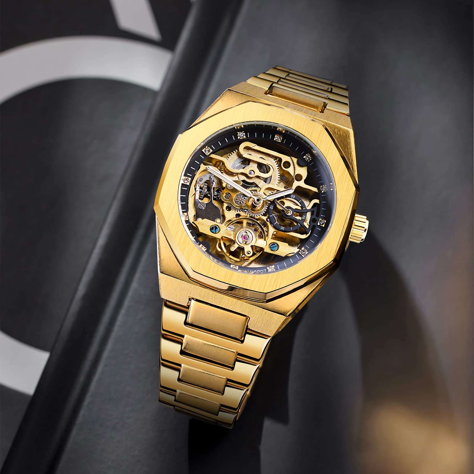 FORSINING Automatic Watch Mechanical Wrist Watch for Men Octagonal Waterproof Skeleton Watches Luxury Diamond Tourbillon Silver Stainless Steel Band 4