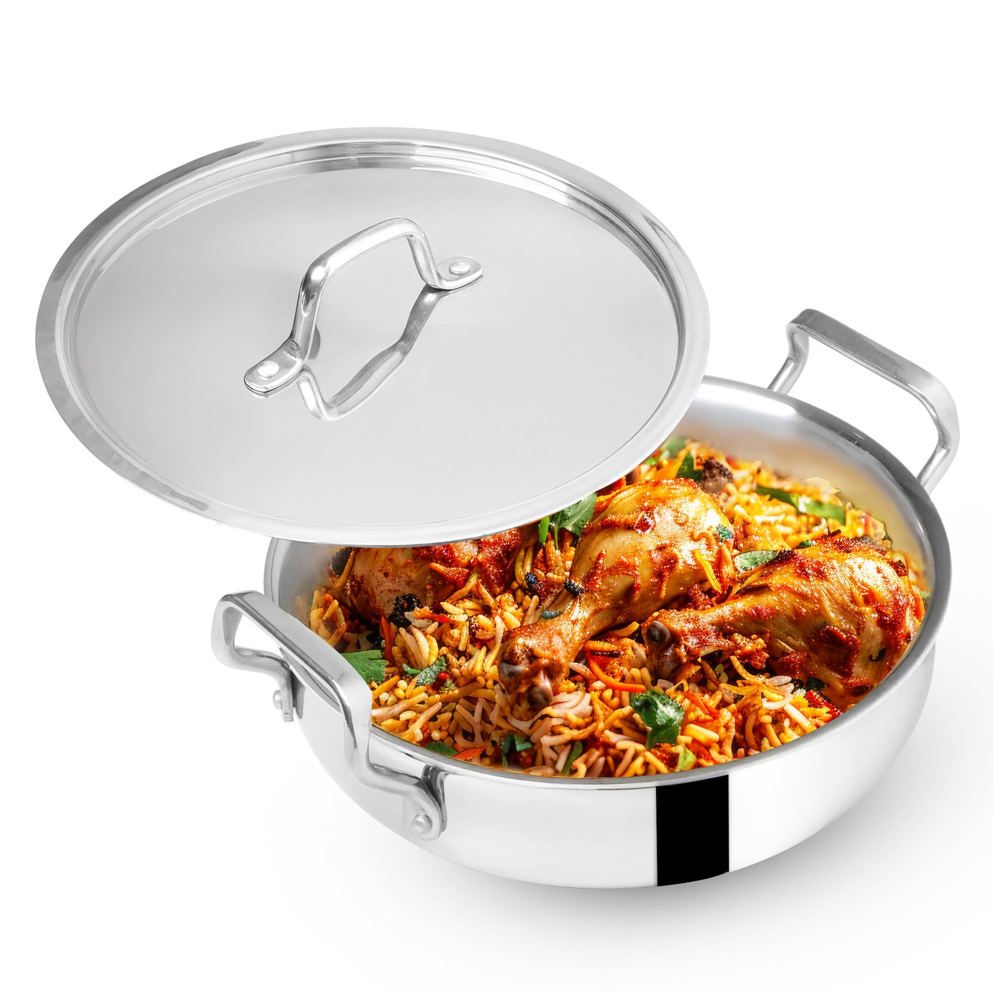 The Indus Valley Triply Stainless Steel Biryani Pot with SS Lid 4.6 Litre/Stock Pot/Serve Handi/Uruli | Induction Friendly | Nonstick 3-Layer Body-2.2kg