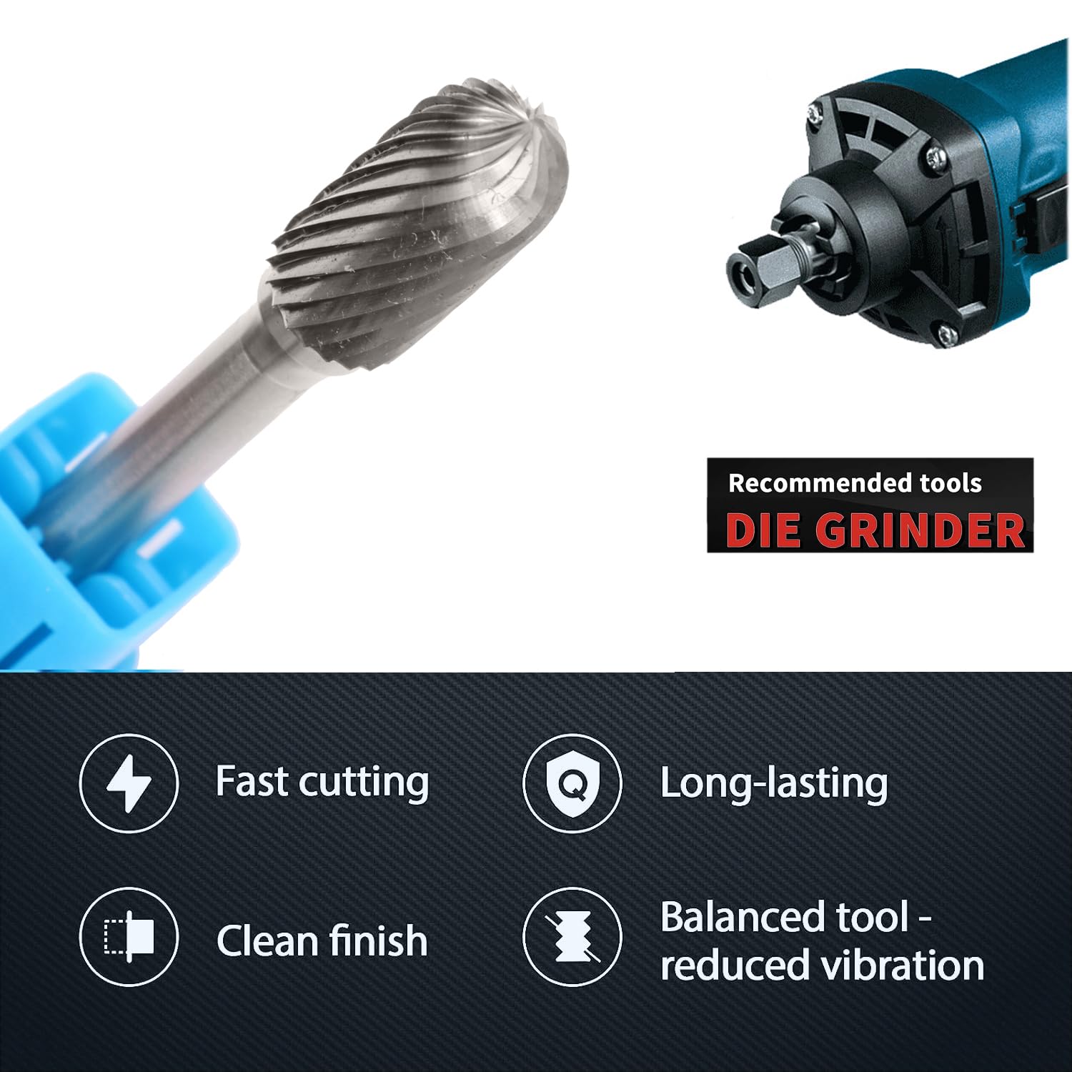 MECRAAF® Super Grade Carbide Rotary Burr Cutter|Single Cut| 6mm Shank (1/4") | Head Dia: 9.5mm|Die Grinder Bit|Cylindrical with radius end|for Metal Wood Carving Engraving Polishing Drilling (B3) 4
