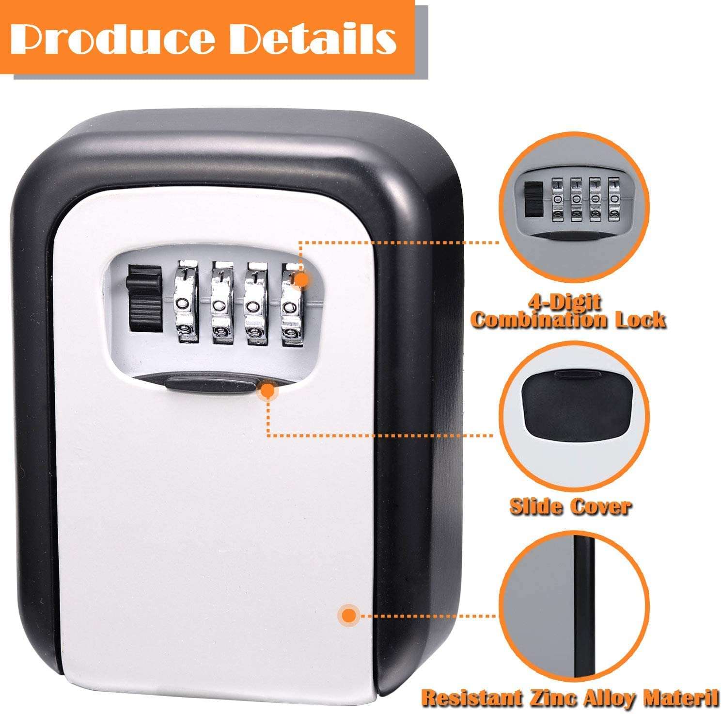 PREMVATI Security Key Lock Box, 4-Digit Combination Waterproof Portable Key Storage Lockbox Wall Mount 5 Key Large Capacity for House Key, Special Car Key, ID Card, Rectangle shape, Black & Silver 3