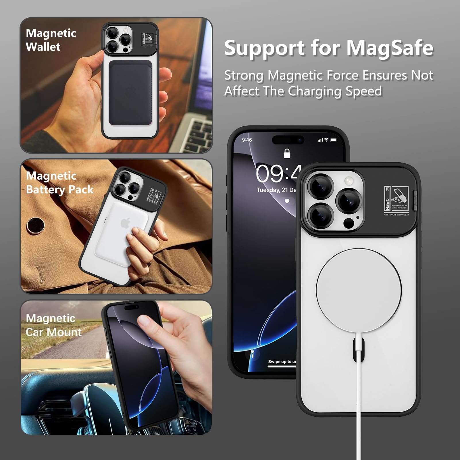 TEAUGHT Magnetic for iPhone 16 Pro Max Case, [Built-in Lens Ring Stand][Military-Grade Protection] Translucent Matte Phone Case Support for MagSafe + Screen Protector + Camera Protector, Black 4