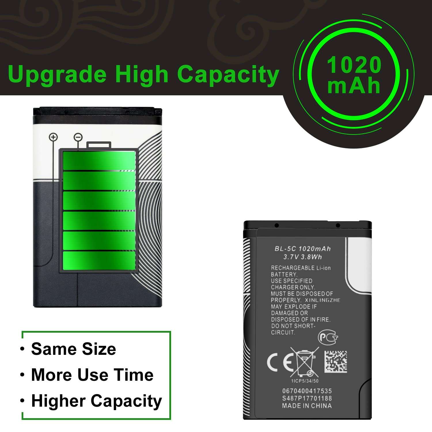 WUHAO 2 Pack BL-5C Rechargeable Battery 1020mAh for Nokia Household Radio with Current Protection Replacement Battery 3.7V 4