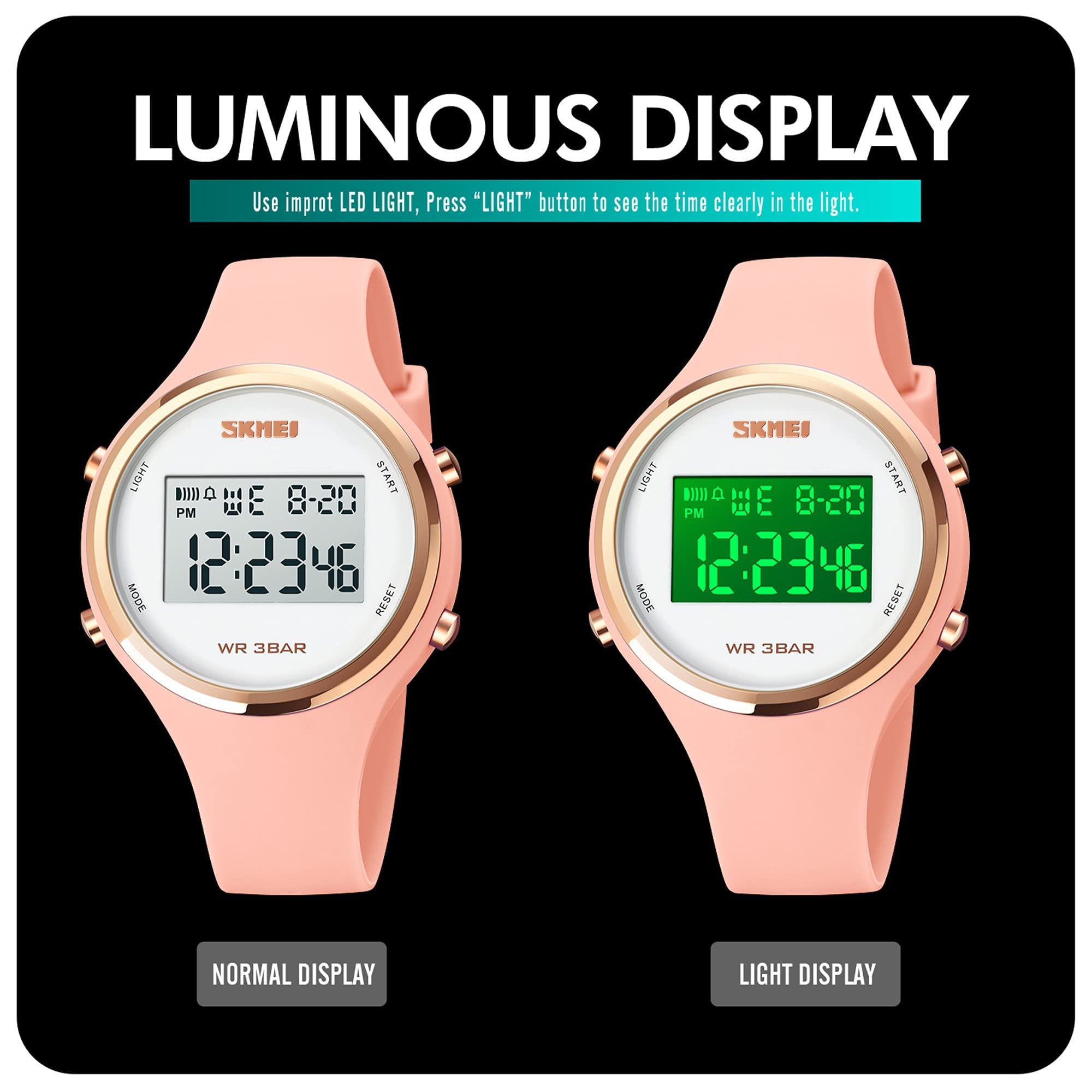 Womens Sports Watch Digital Watches for Women with Waterproof Stopwatch 30M Waterproof Week Date Alarm LED Light Calendar Chrono Silicone Straps Gift for Girls Women 5