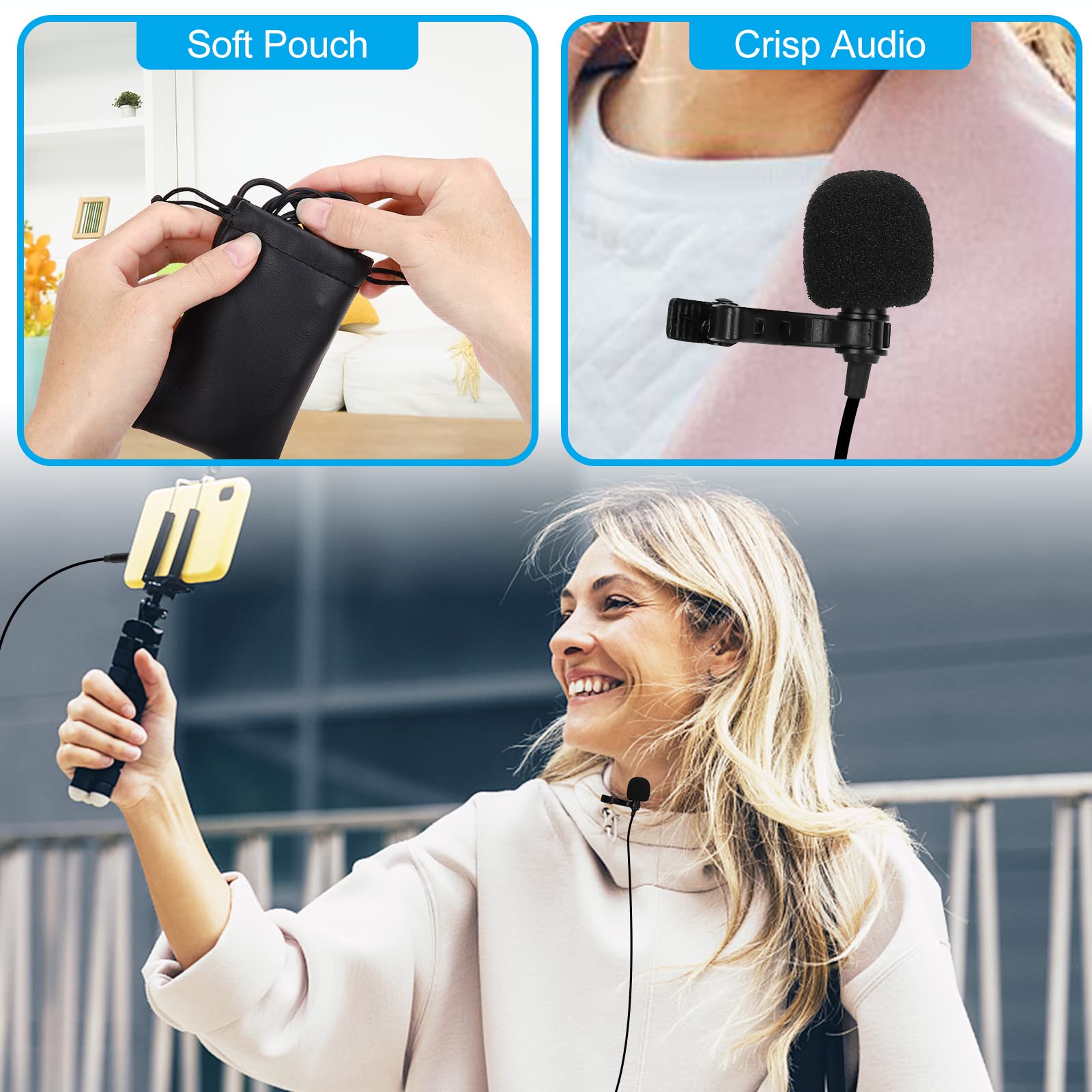 Professional Grade Lavalier Lapel Microphone for BLU Grand M2 LTE Compatible with iPhone Phone or Camera Blogging Vlogging ASMR Recording Video Tiny Shirt Microphone with Easy Clip On System 3