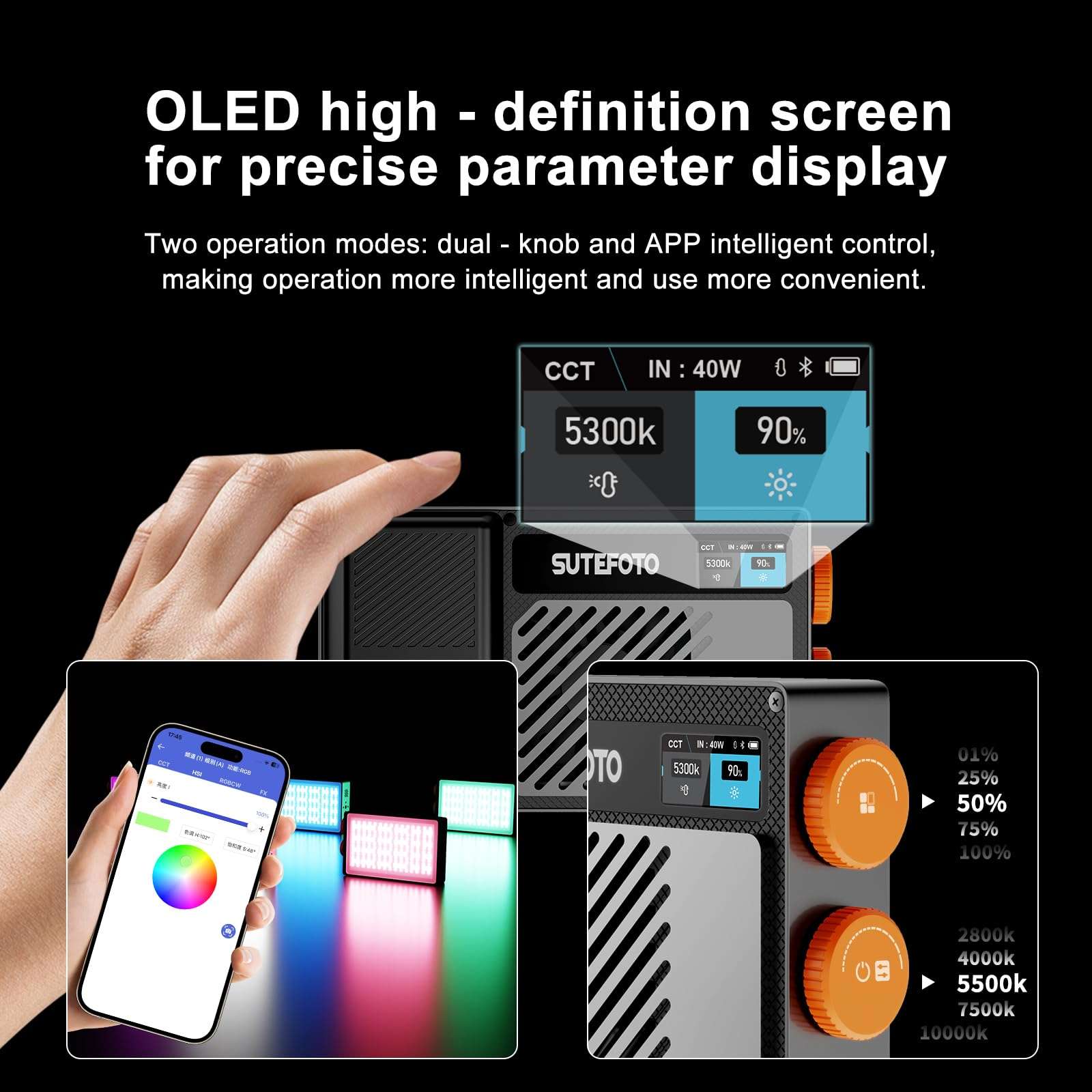 T40 LED Video Light,40W Rechargeable LED on Camera Light,Pocket Light with Full RGB,2800K-10000K,Built-in 5000mAh Battery for Photography Lighting,YouTube, TikTok (RGB) 6