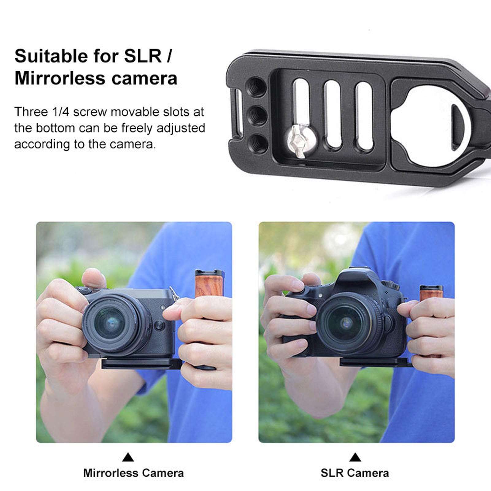 Camera Handle L Bracket, Single Camera Universal Side Handle, Aluminum Alloy Wood Handle Vertical Shooting L Plate Bracket with Cold Shoe for Microphone LED Light 3