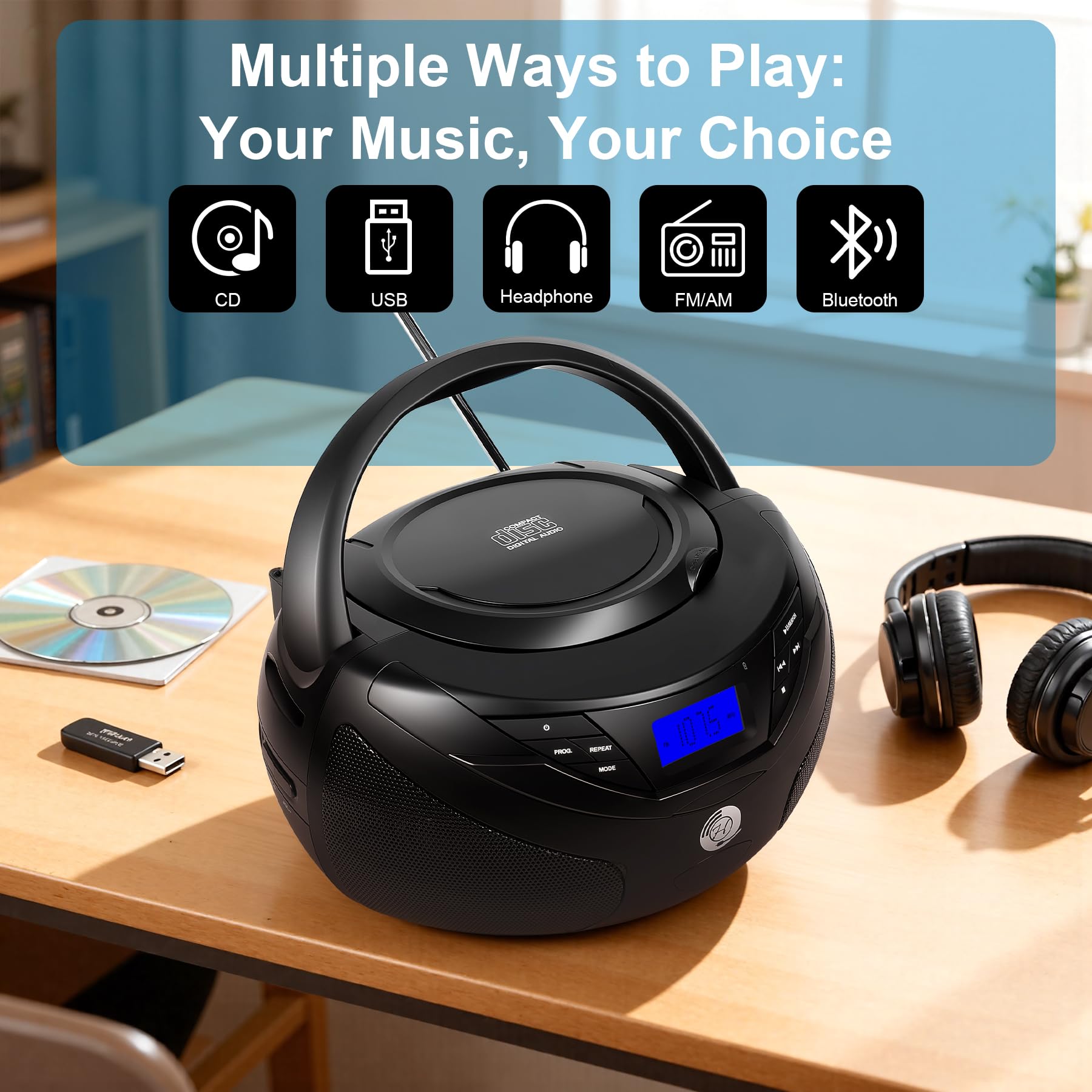 Portable CD Player Boombox with Bluetooth, FM Radio, USB Playback, Built-in Rechargeable 2000mAh Battery, Remote Control, Stereo Sound (Black) 3