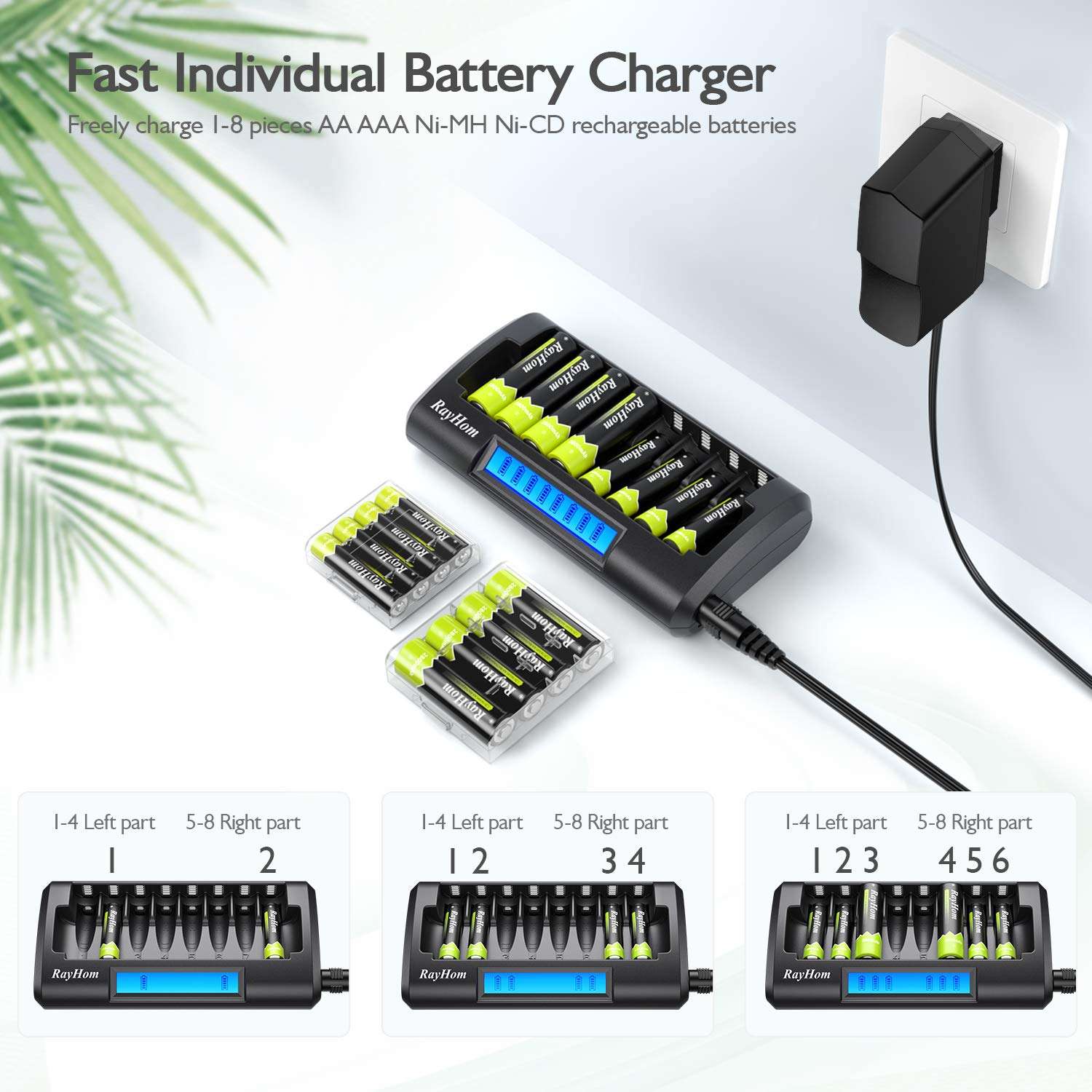 RayHom Charger with AA AAA Batteries - 8Bay Smart LCD Battery Charger for AA AAA Ni-MH Ni-Cd Rechargeable Batteries with AA Rechargeable Batteries(8 Pack) and AAA Rechargeable Batteries(8 Pack) 2