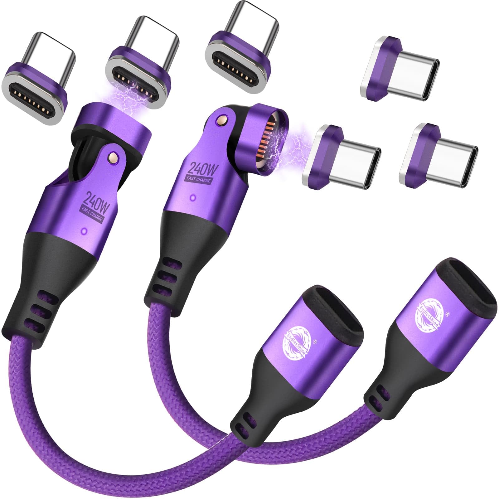 EndleesShine Magnetic USB Adapter Type C to C with 10cm Short Cable 16PIN Anti-Arc Stable PD 240W Fast Charging USB-C 180° Rotation Swivel Connector 480MBPS(2 Cable 6 Tips Set) 1
