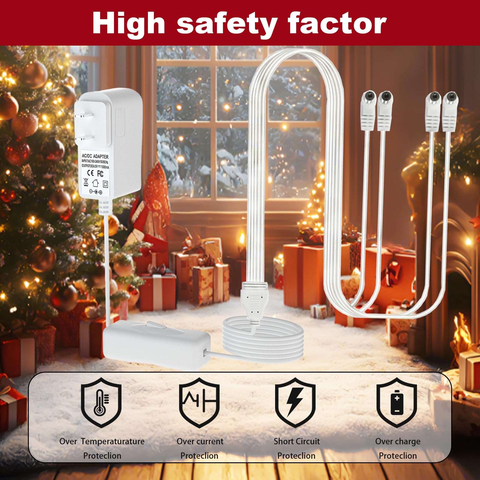 4.5V Power Adapter, for Lemax Christmas Lights and Halloween Lighting Accessories: 64517 74269 74274 674707 74295 84428 44242 94565 94566 94527 94563 94564 44241 (4 Output Connectors) 6