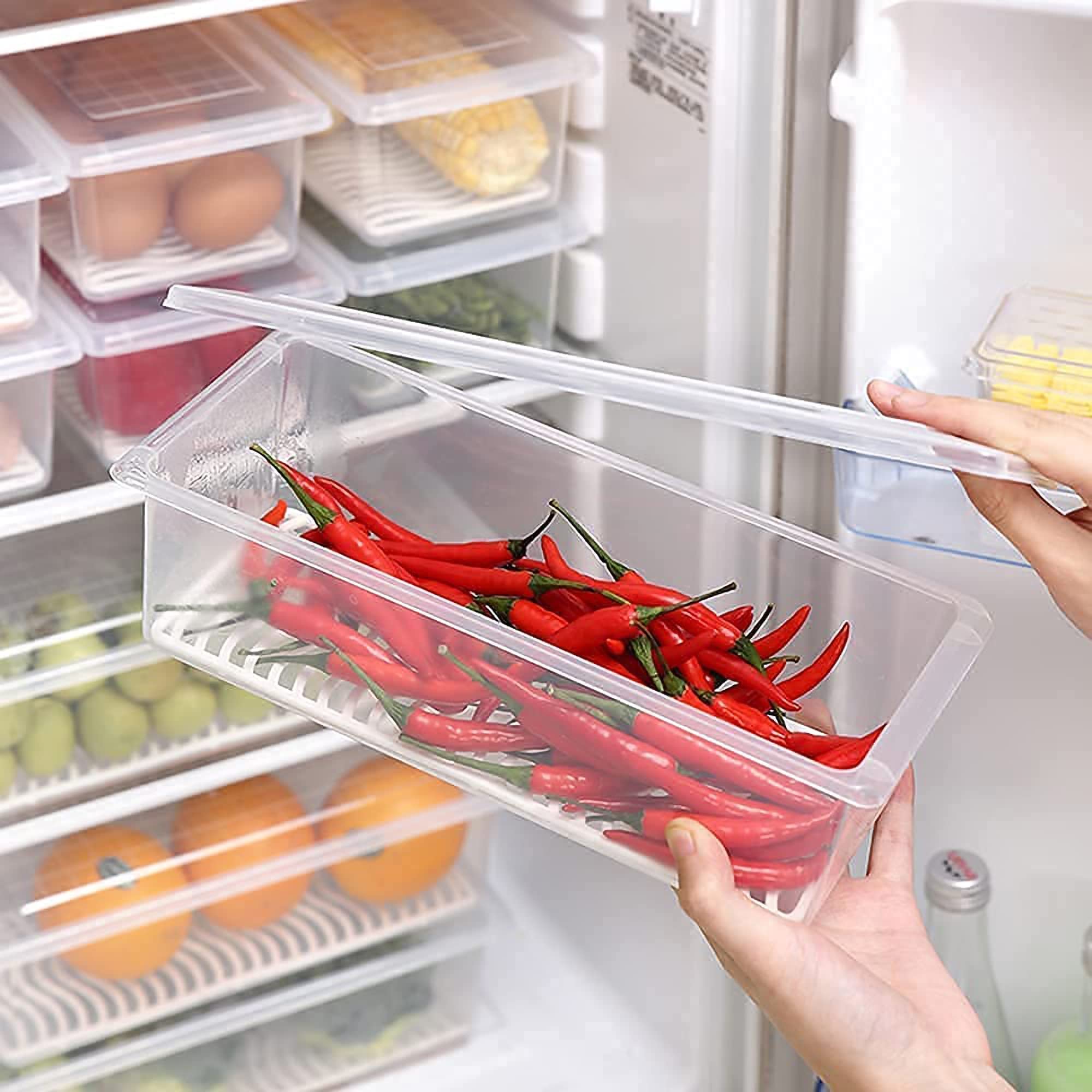 THOMPKINS Fridge Storage Boxes (Pack of 2), Fridge Organizer with Removable Drain Plate Tray Keeps Fruits, Vegetables, Meat, Fish Fresh Longer 1500 ML 1
