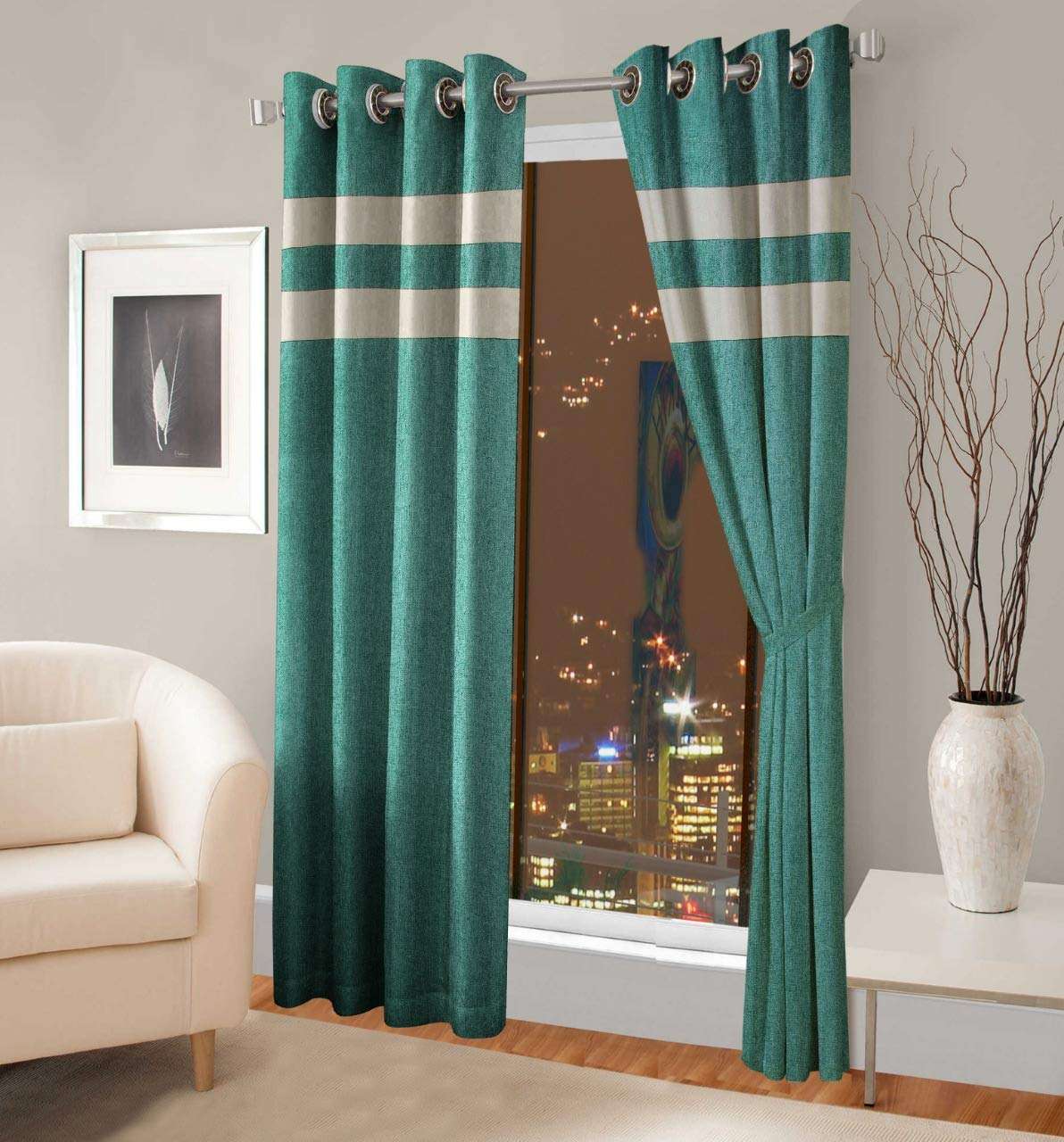 F2L Jute Curtains for Window 5 Feet Long | Yarn Weaved Breathable Parda | Modern Parde for Living Room Bedroom | Screens with Eyelet Ring | Hypoallergenic Dust Repellent (Light Green, 2pc) 1
