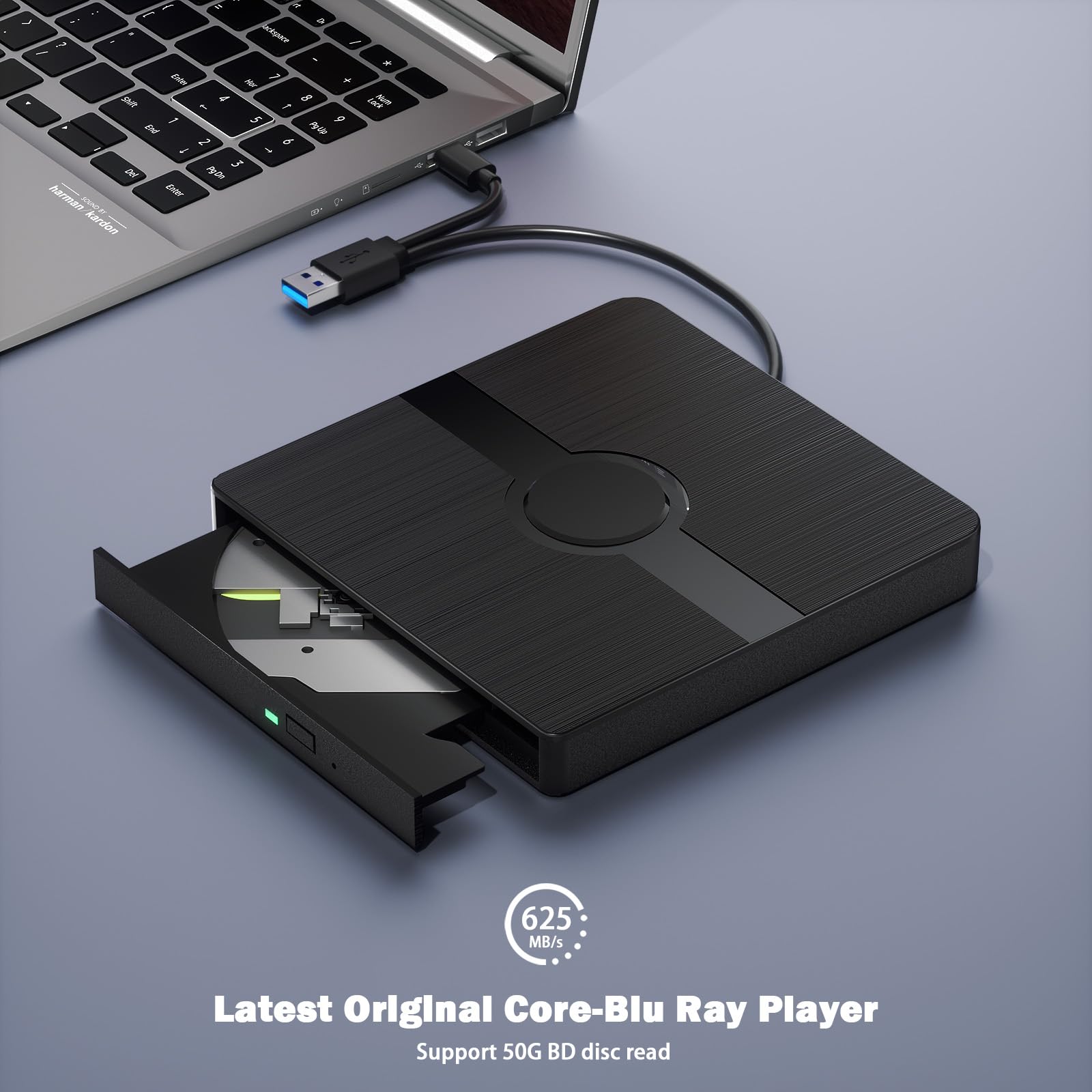 Wbacon External Blu Ray Drive, BD Player with Read/Write Capability Portable Blu-ray Player with USB 3.0 and Type-C CD/DVD Burner 3D Blu-ray Drive (with Charging Cable) 2