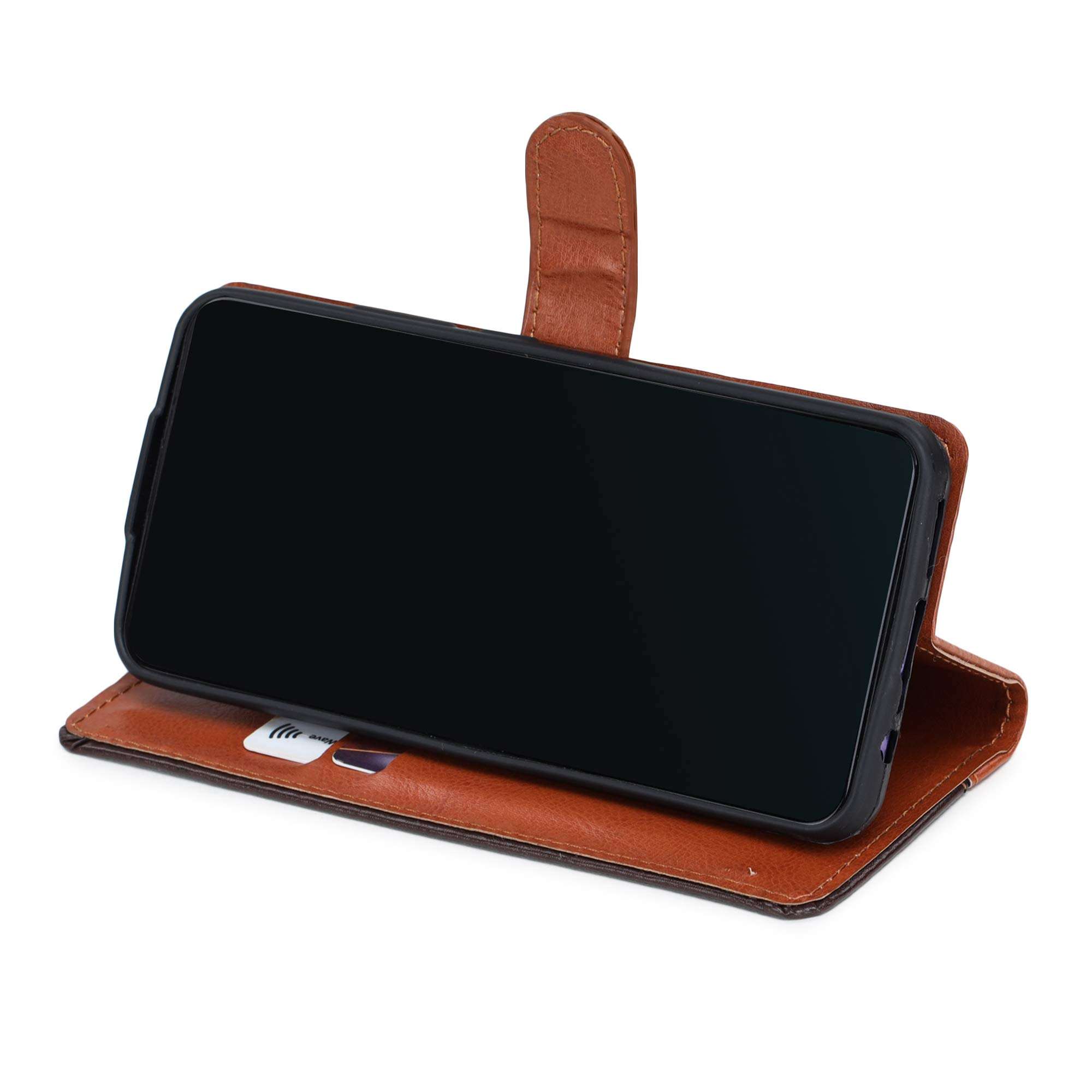 Pinaaki Enterprises Oppo Neo 5 Case | Premium Leather Finish | with Card Pockets | Wallet Stand |Complete Protection Cover for Oppo Neo 5 - Camel and Coffee 2