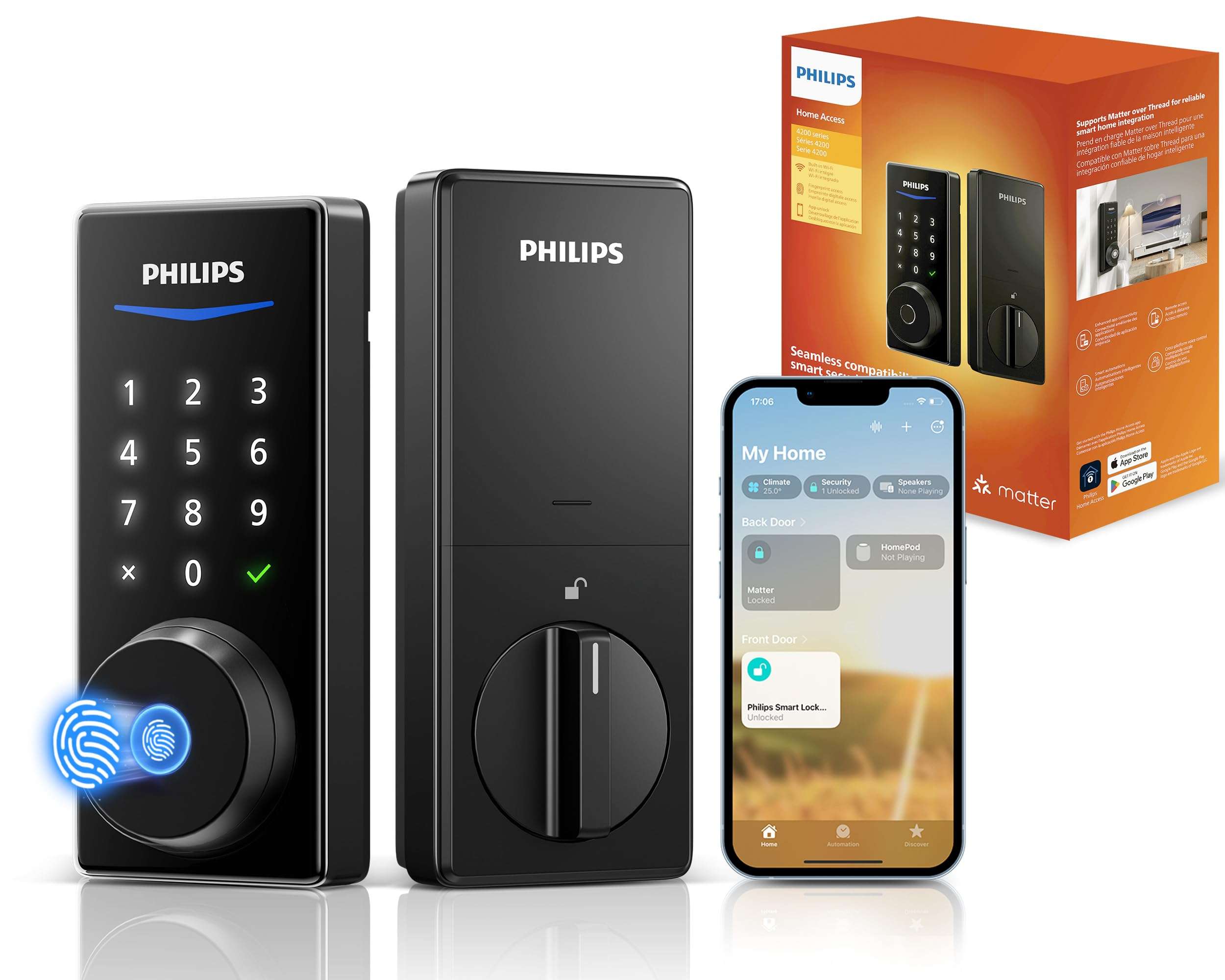 Philips Bluetooth Smart Door Lock with Matter, Keyless Entry Door Lock with App Control, Fingerprint Front Door Lock Set, Keypad Deadbolt Lock with Apple Home, Alexa, Google, Touchscreen Smart Lock 1